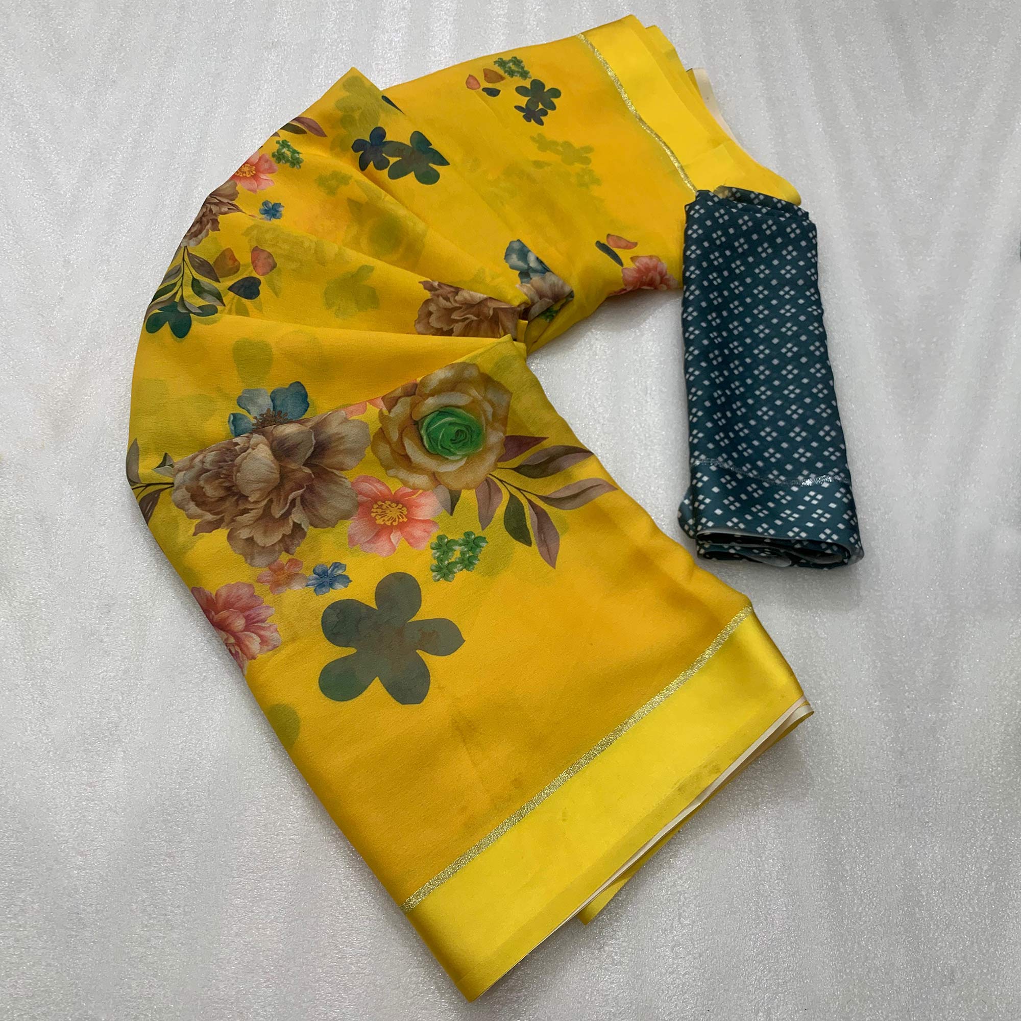 Yellow Floral Printed Moss Chiffon Saree With Zari Border