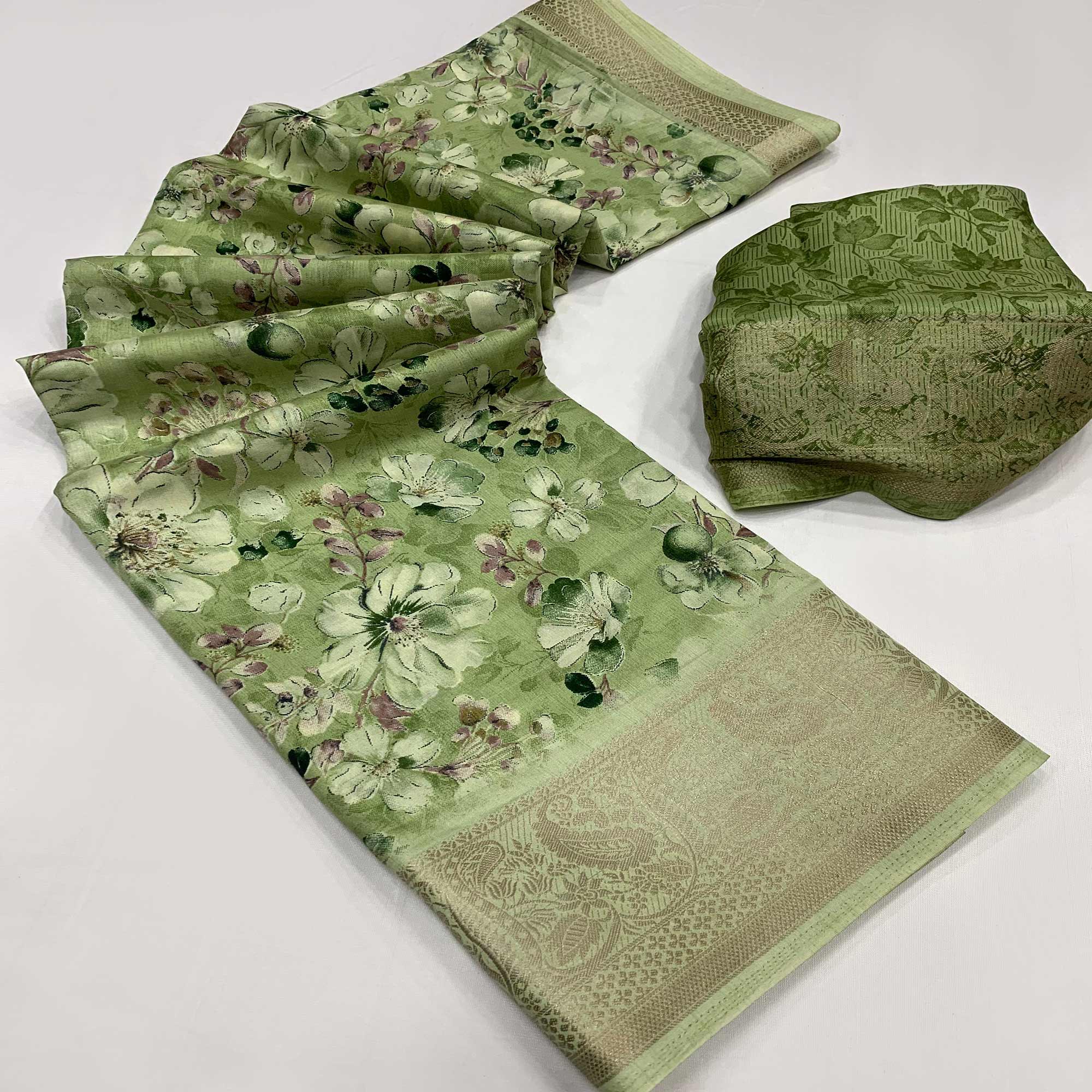 Green Floral Printed Dola Silk Saree With Weaving Border