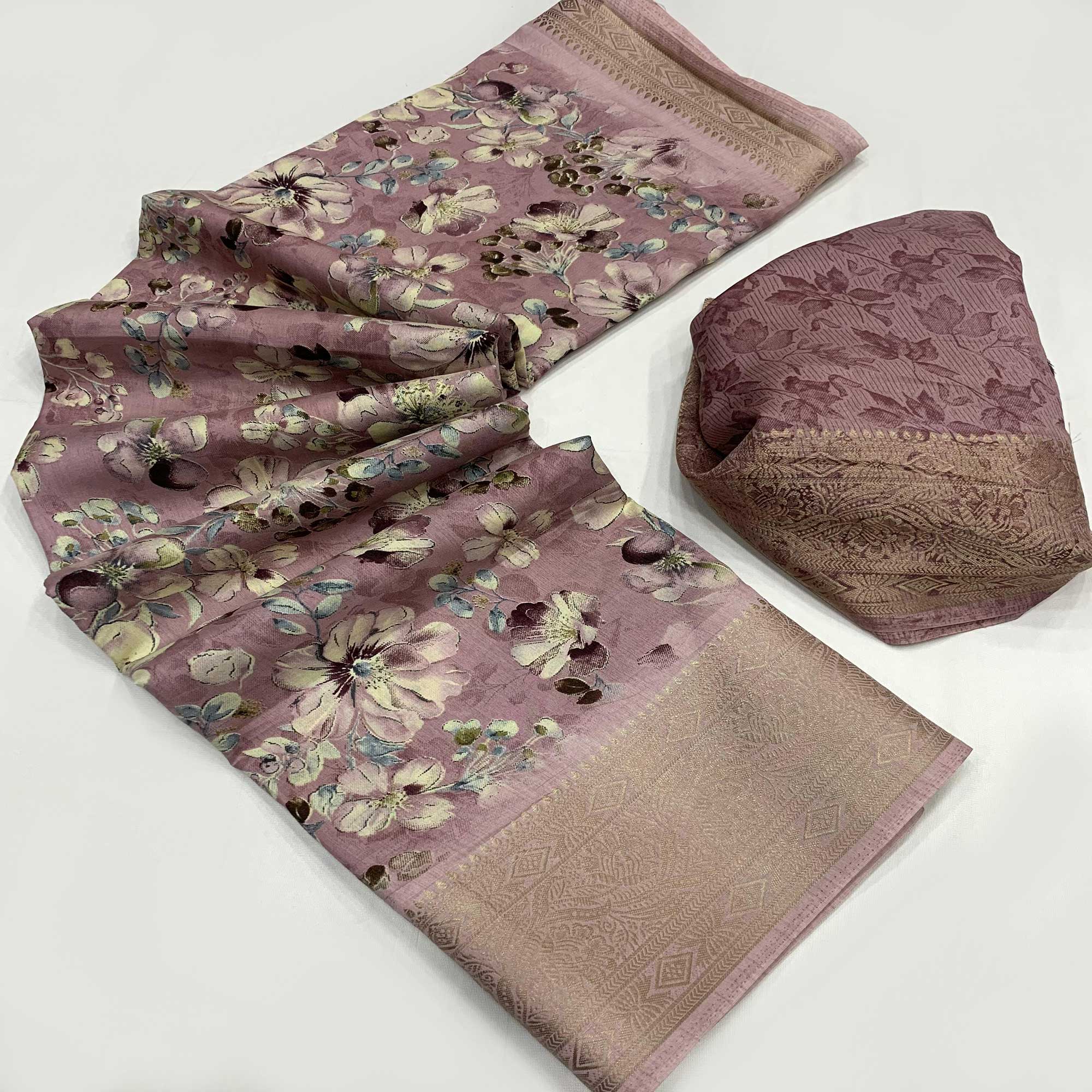 Mauve Floral Printed Dola Silk Saree With Weaving Border