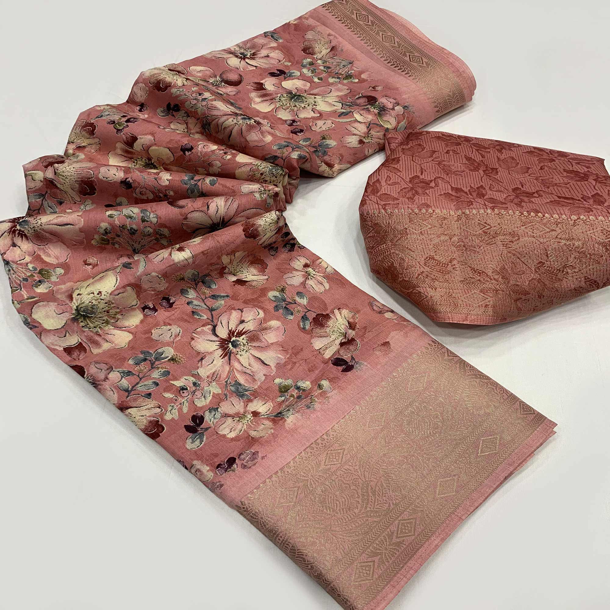 Peach Floral Printed Dola Silk Saree With Weaving Border