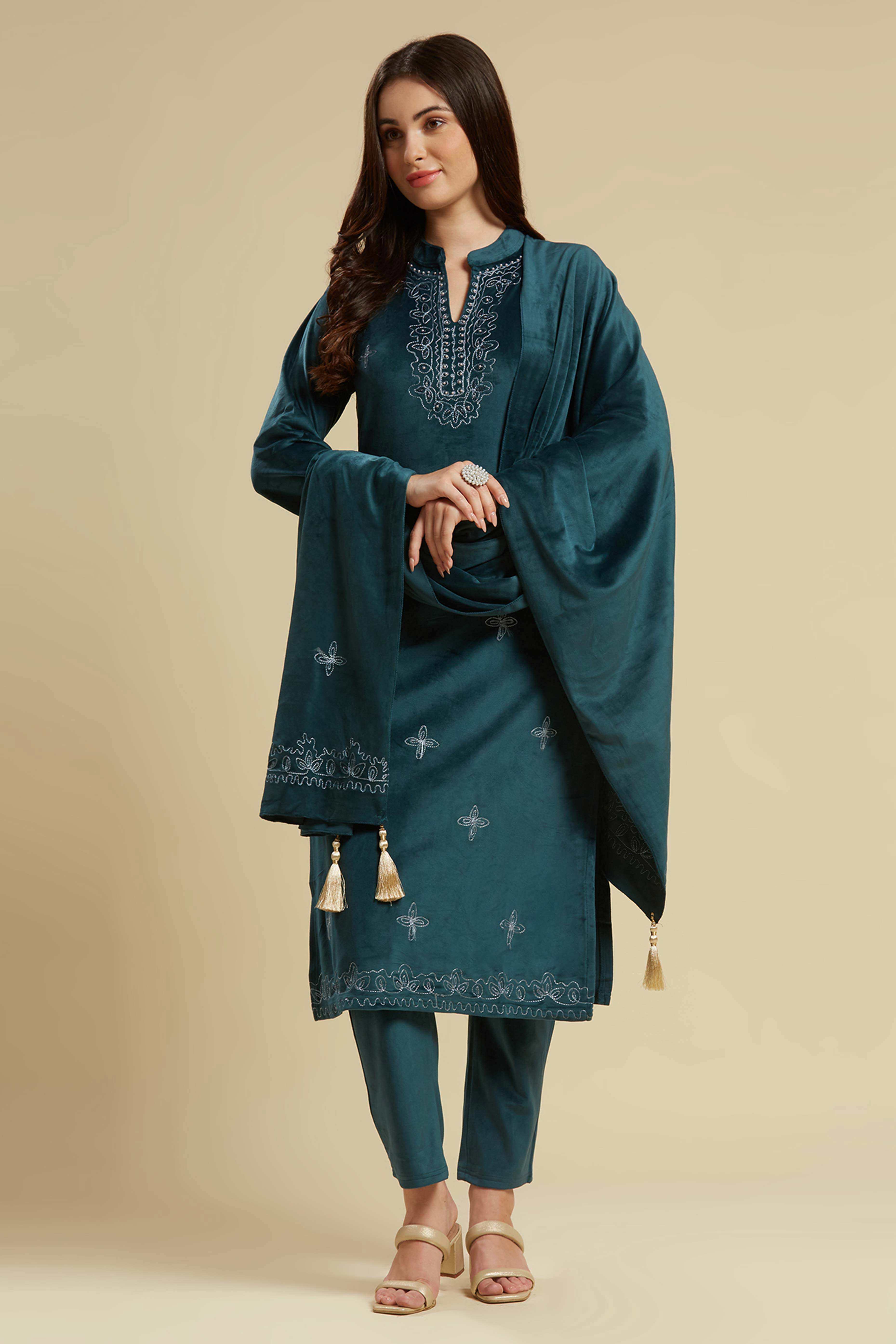 Rama Blue Embroidered Velvet Straight Salwar Suit