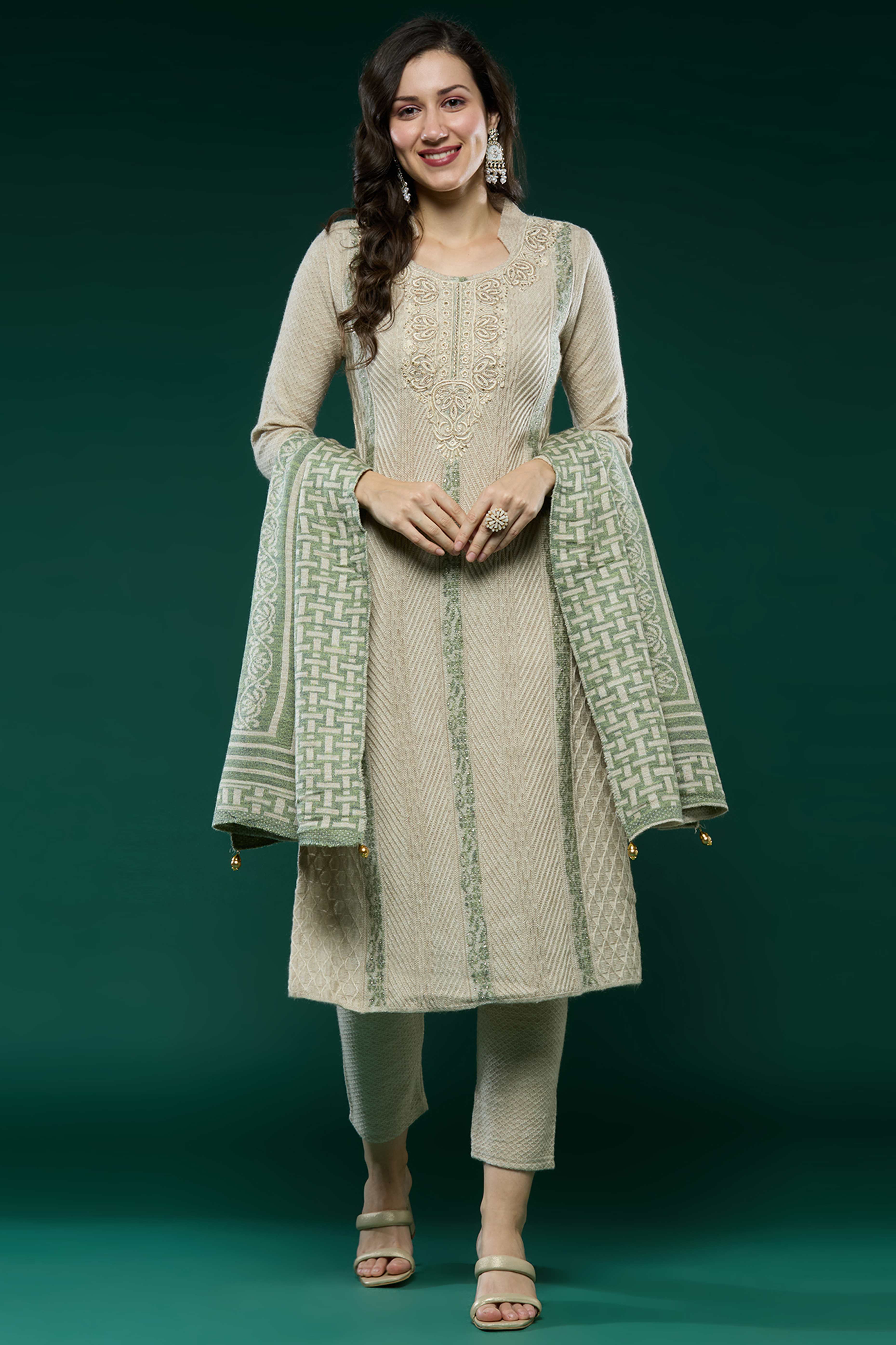 Beige Woven Woolen Straight Salwar Suit