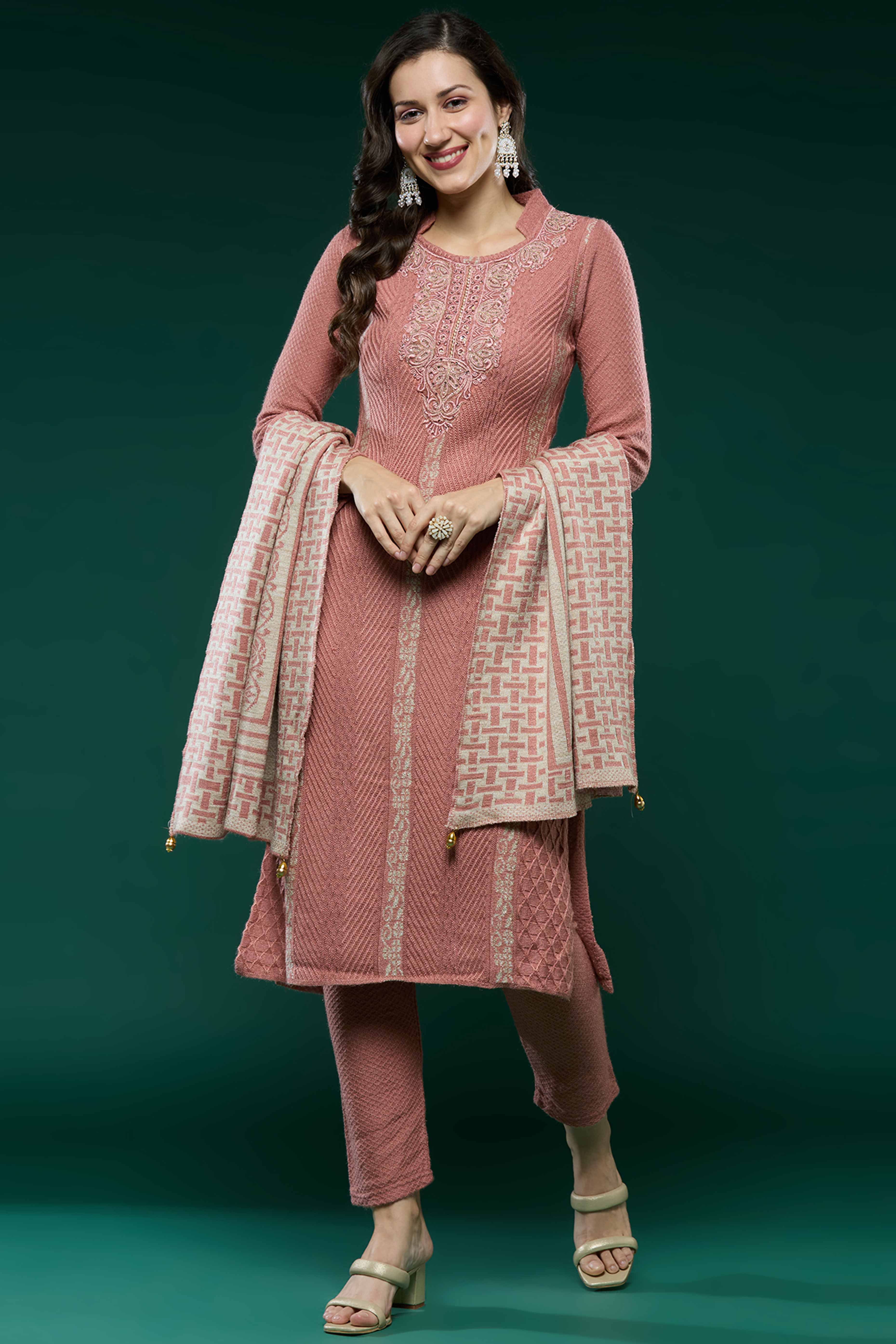 Peach Woven Woolen Straight Salwar Suit