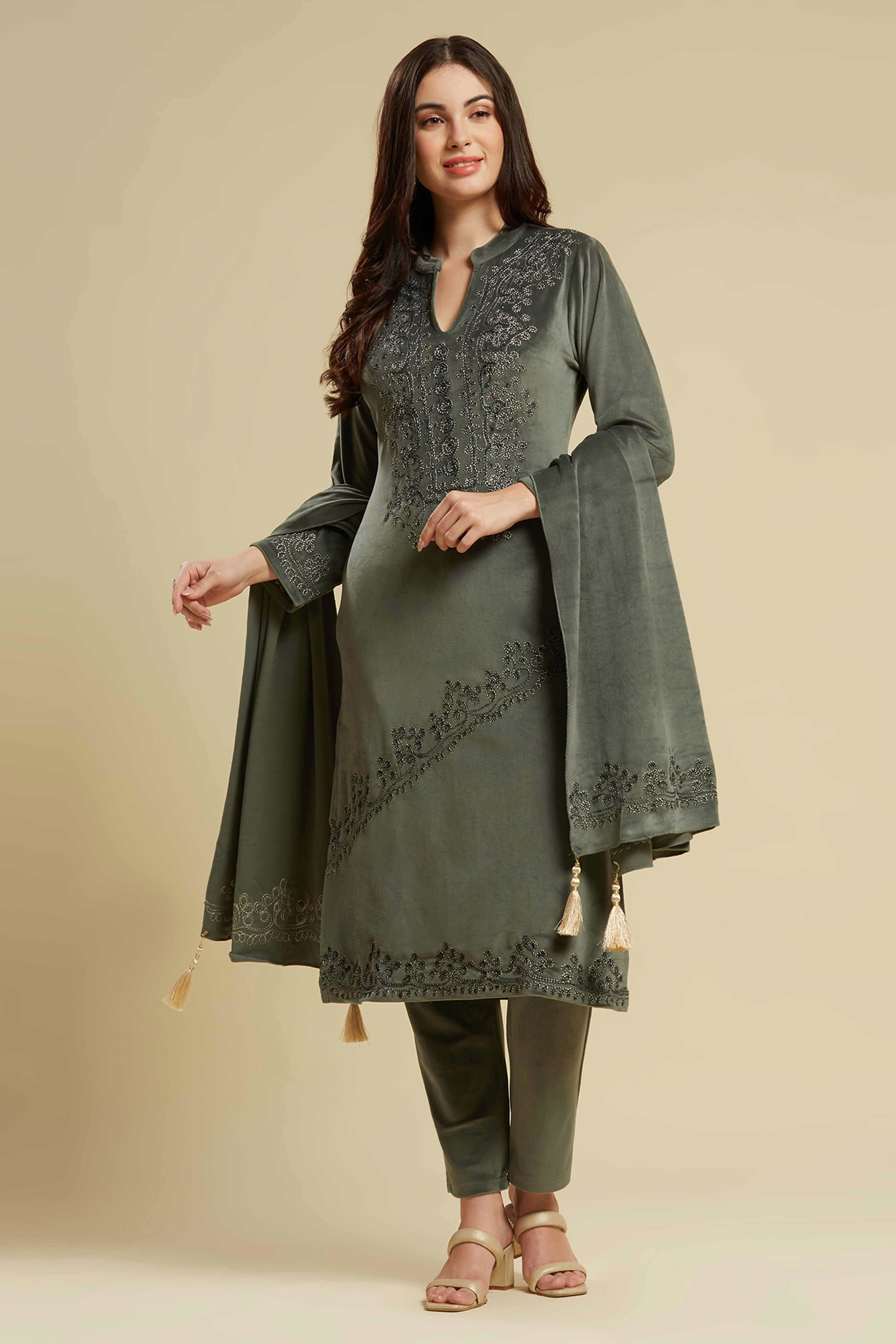 Grey Embroidered Velvet Straight Salwar Suit