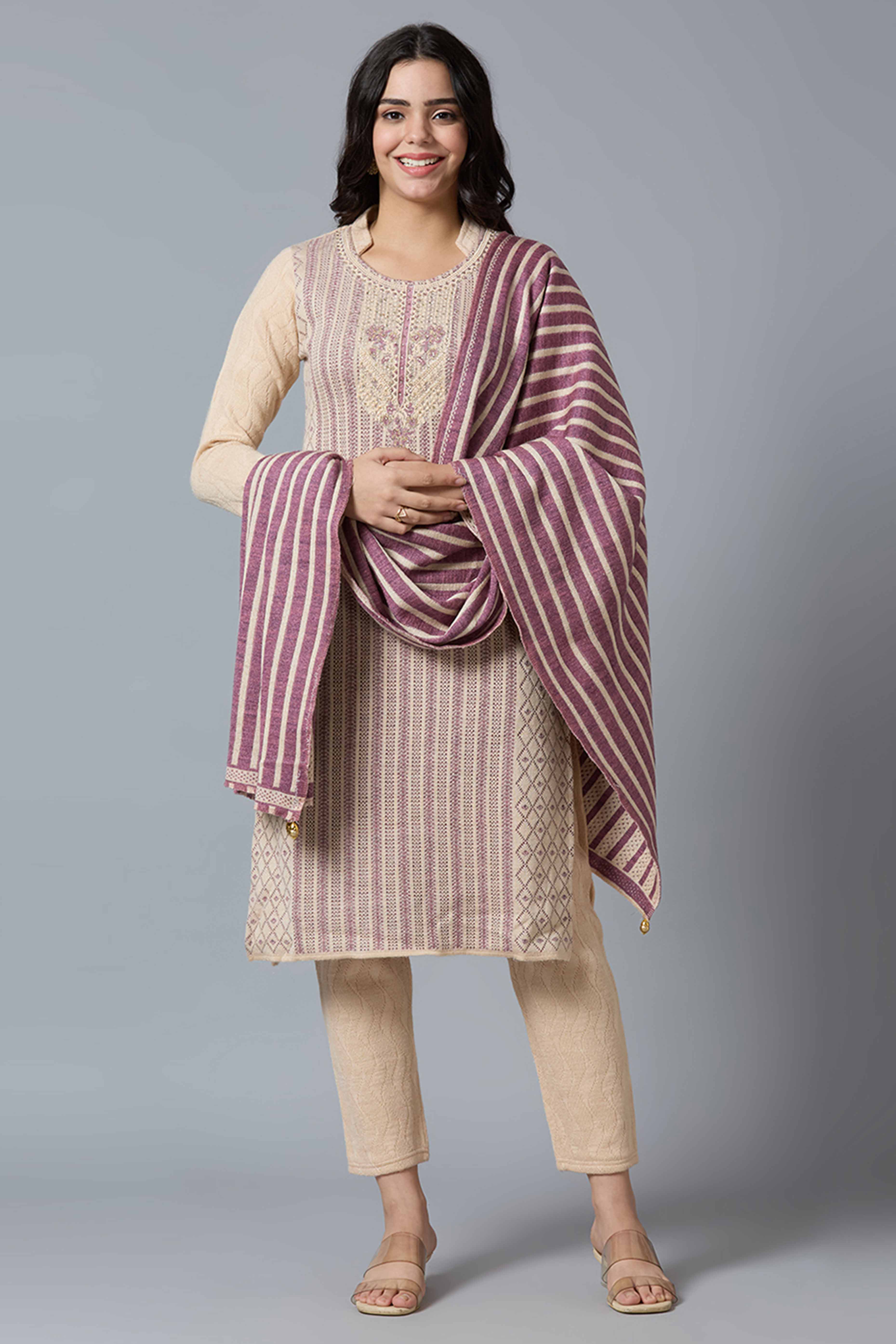 Beige Woven Woolen Straight Salwar Suit