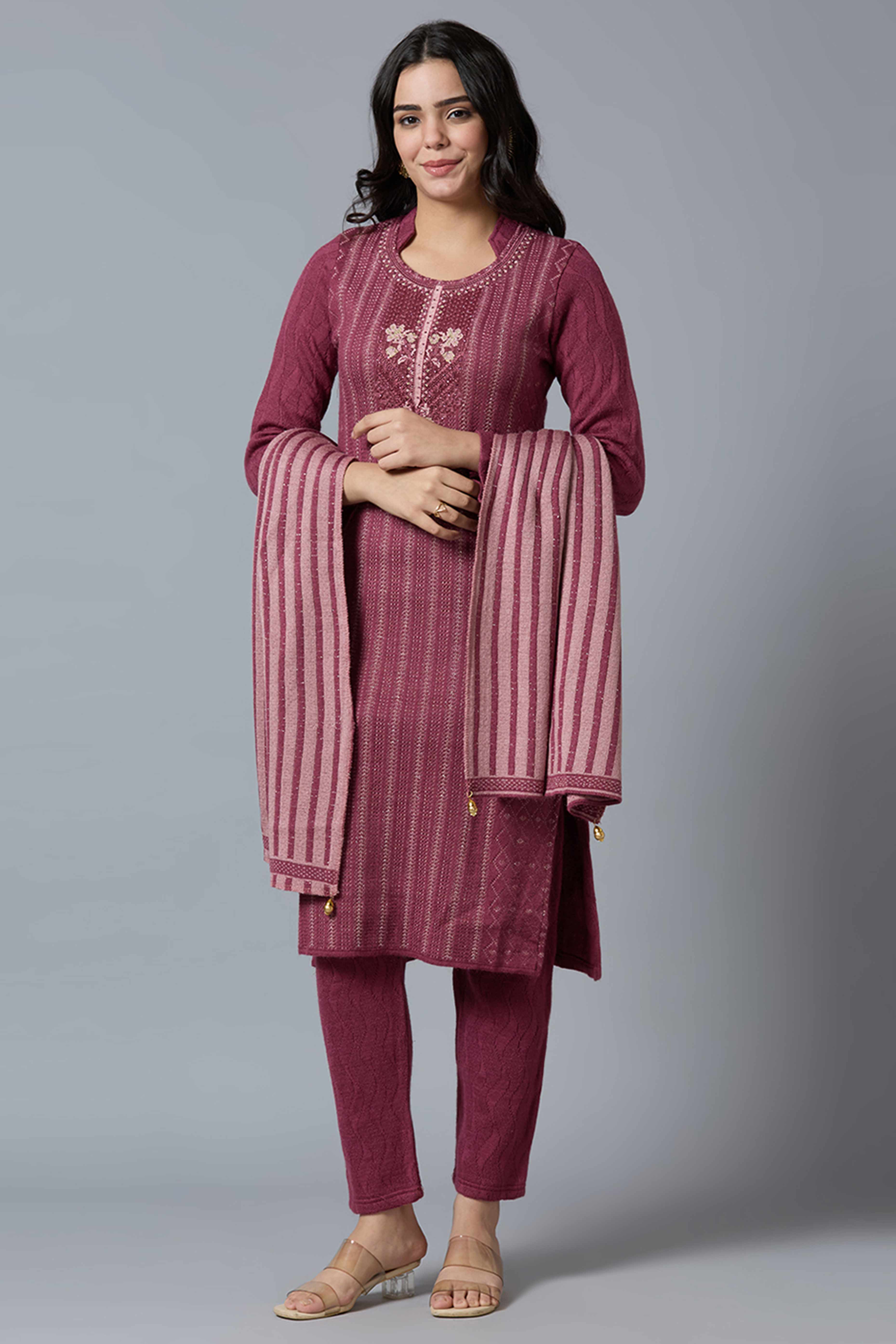 Maroon Woven Woolen Straight Salwar Suit