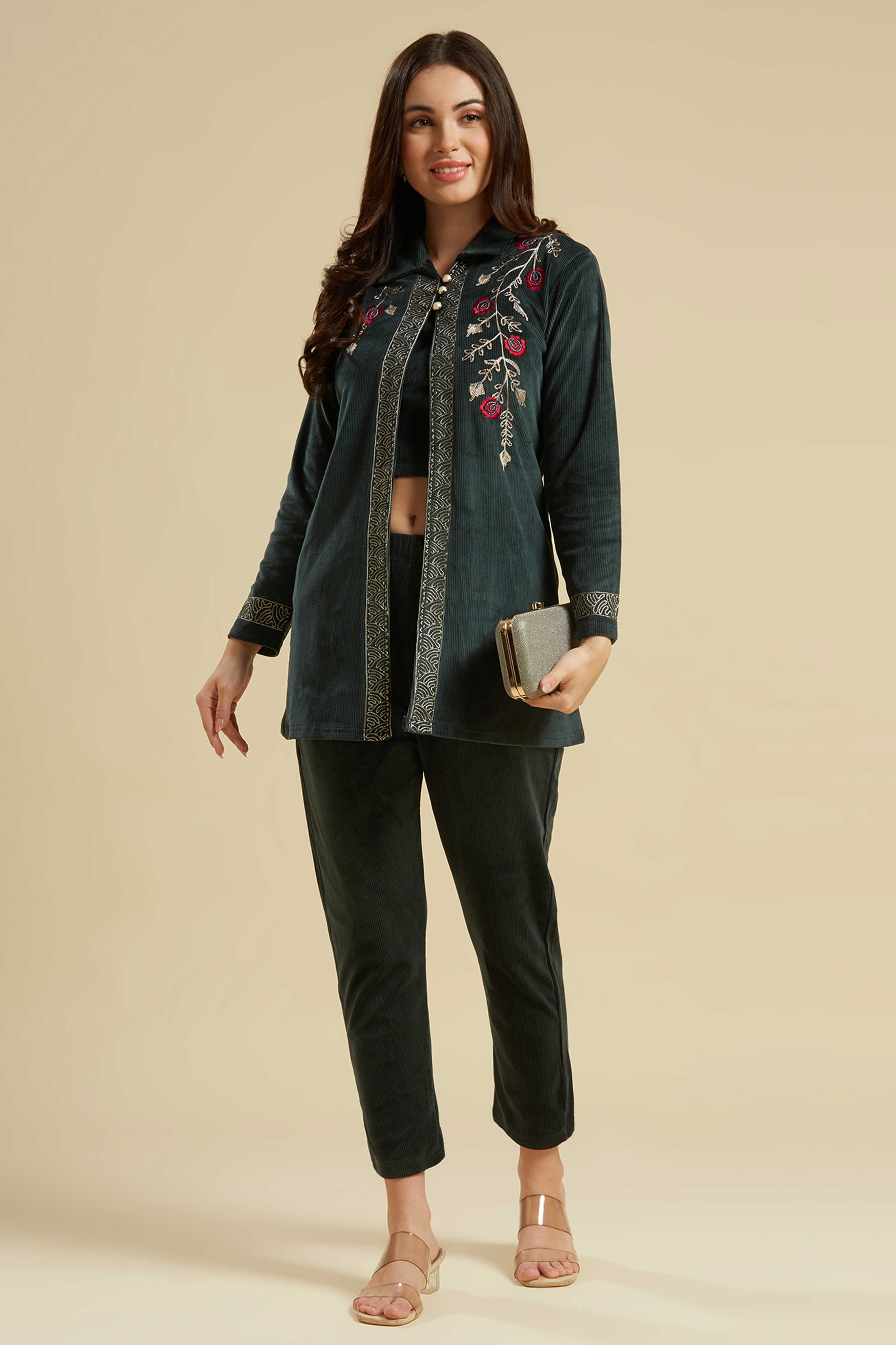 Green Embroidered Velvet Front Slit Top Bottom Set