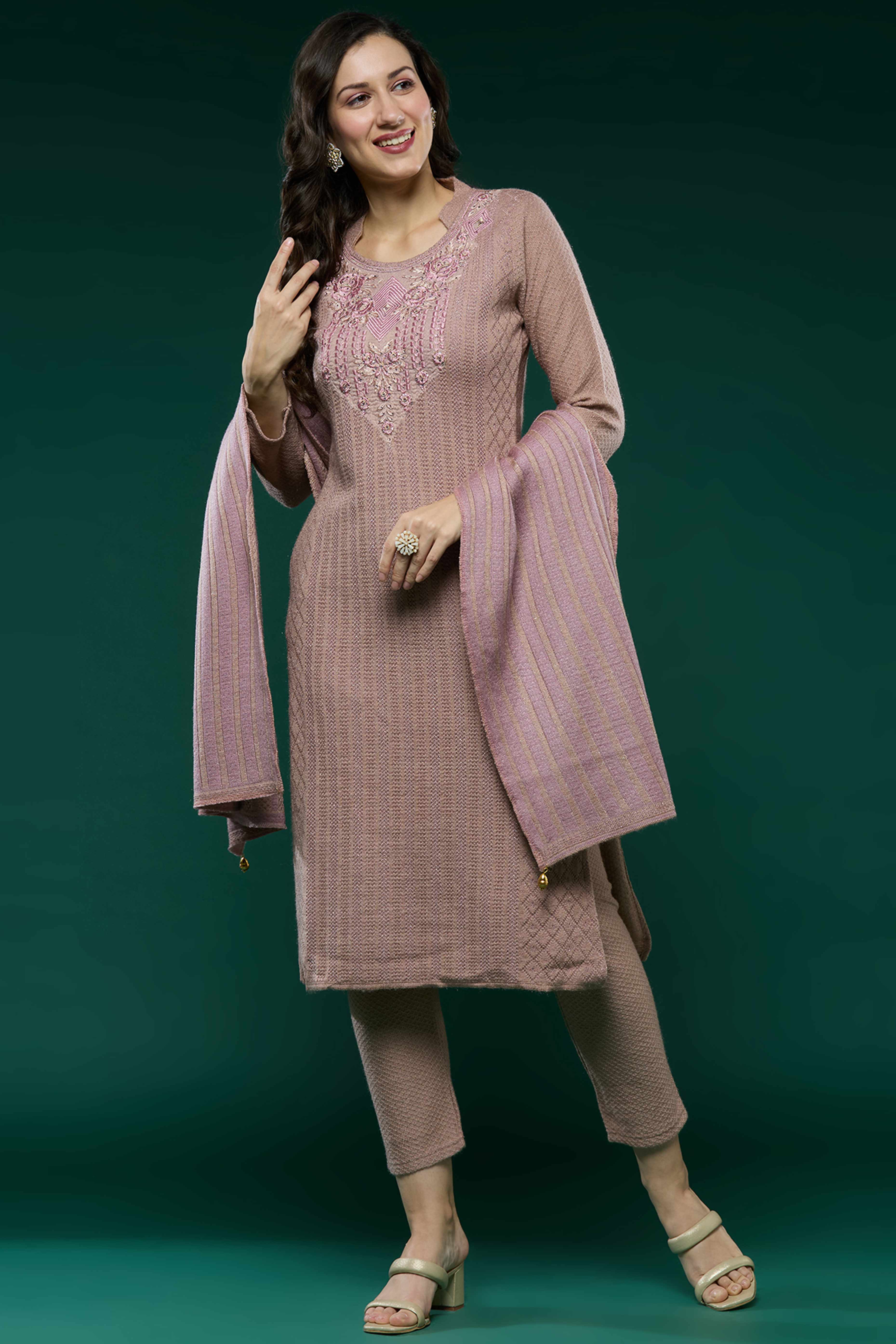 Peach Woven Woolen Straight Salwar Suit