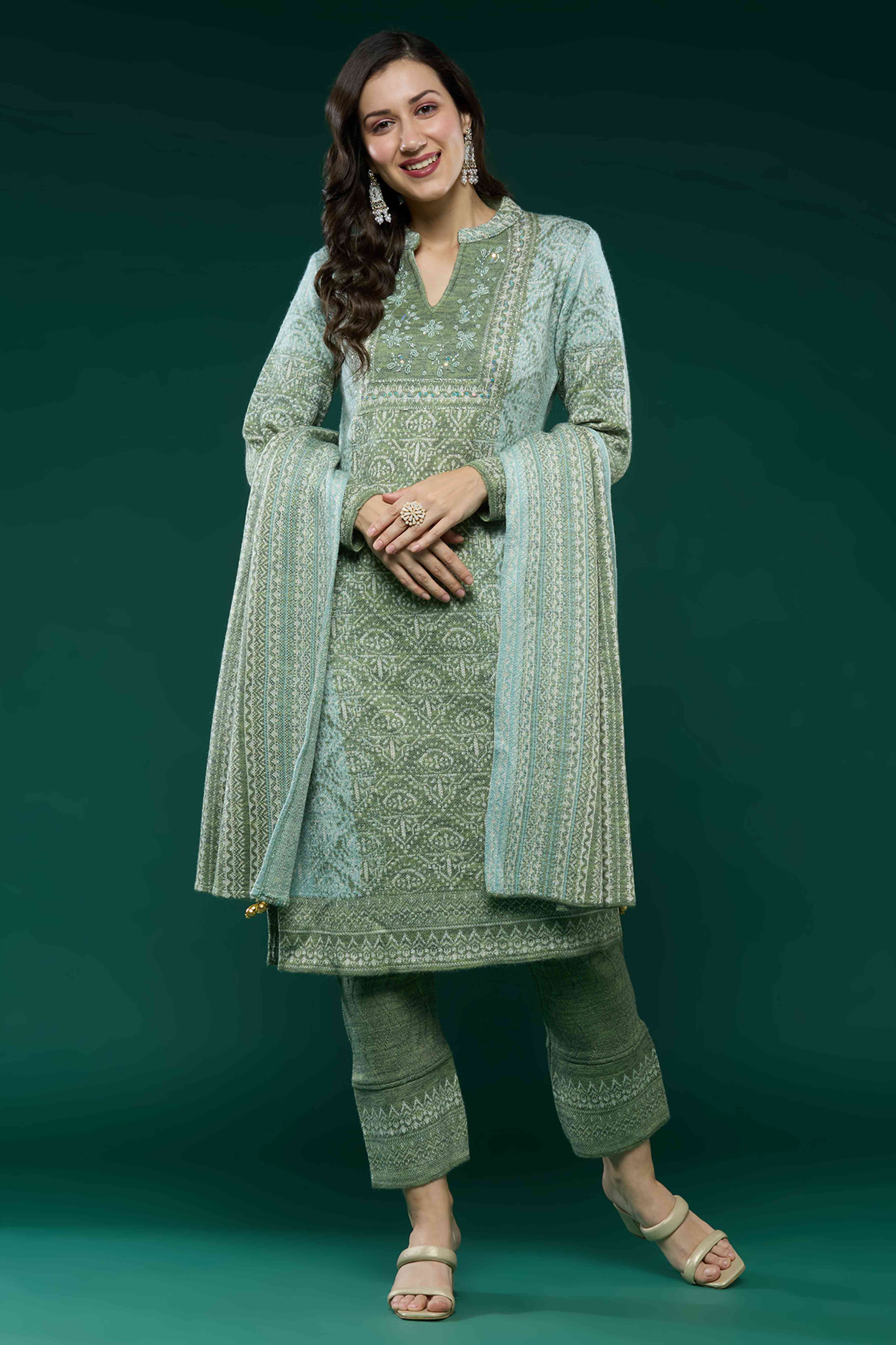 Green Woven Woolen Straight Salwar Suit