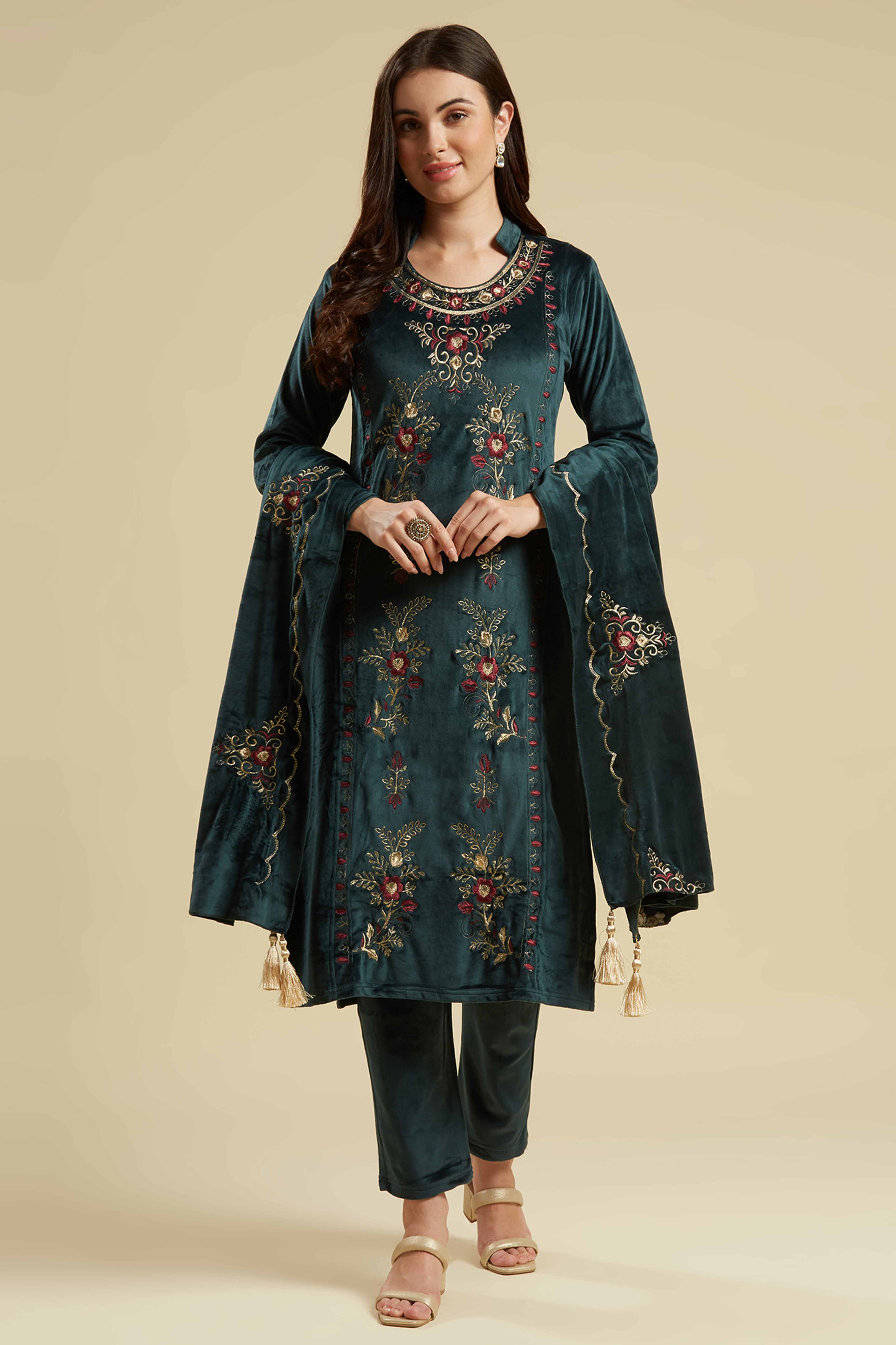 Rama Green Embroidered Velvet Straight Salwar Suit