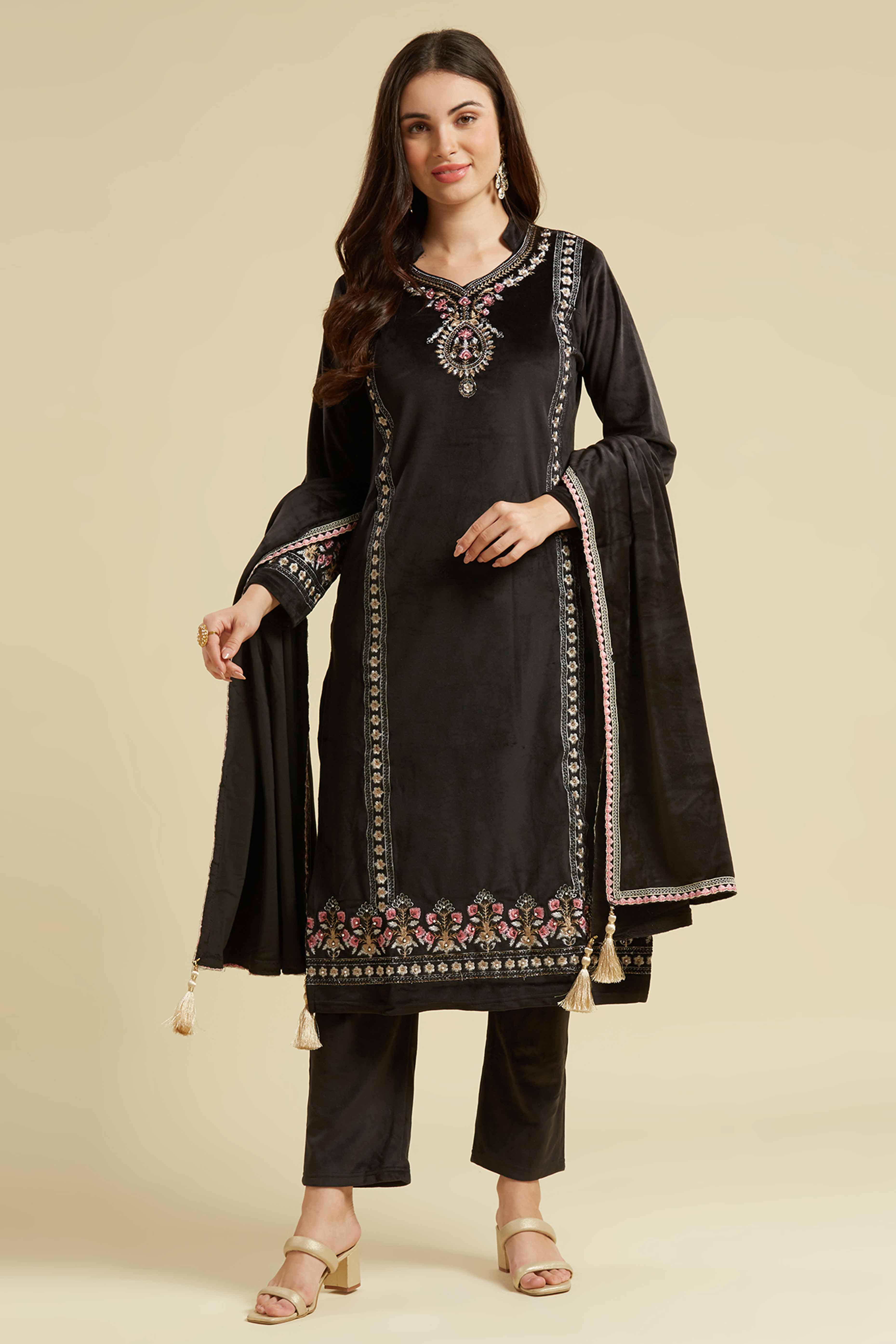 Black Embroidered Velvet Straight Salwar Suit