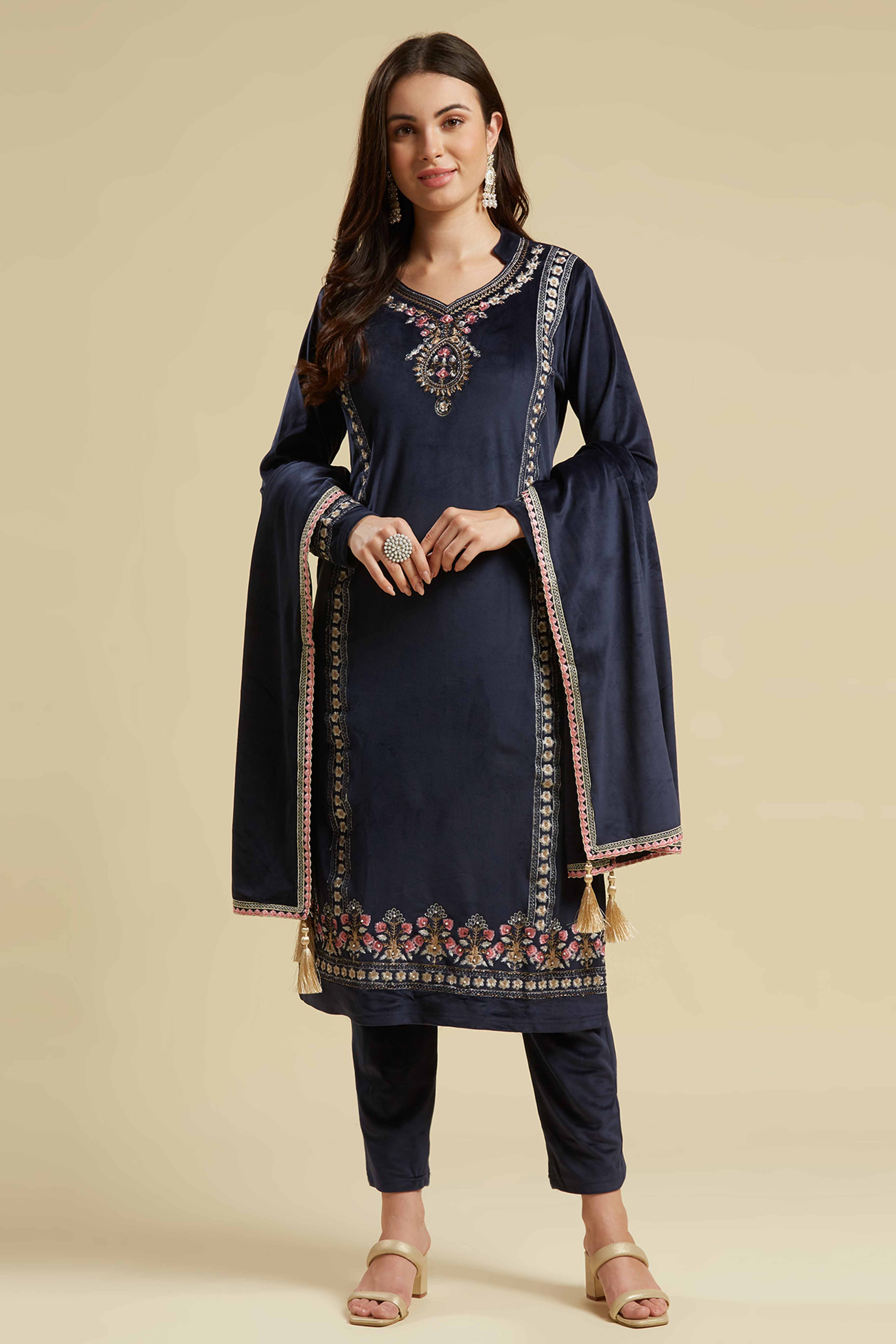 Navy Blue Embroidered Velvet Straight Salwar Suit