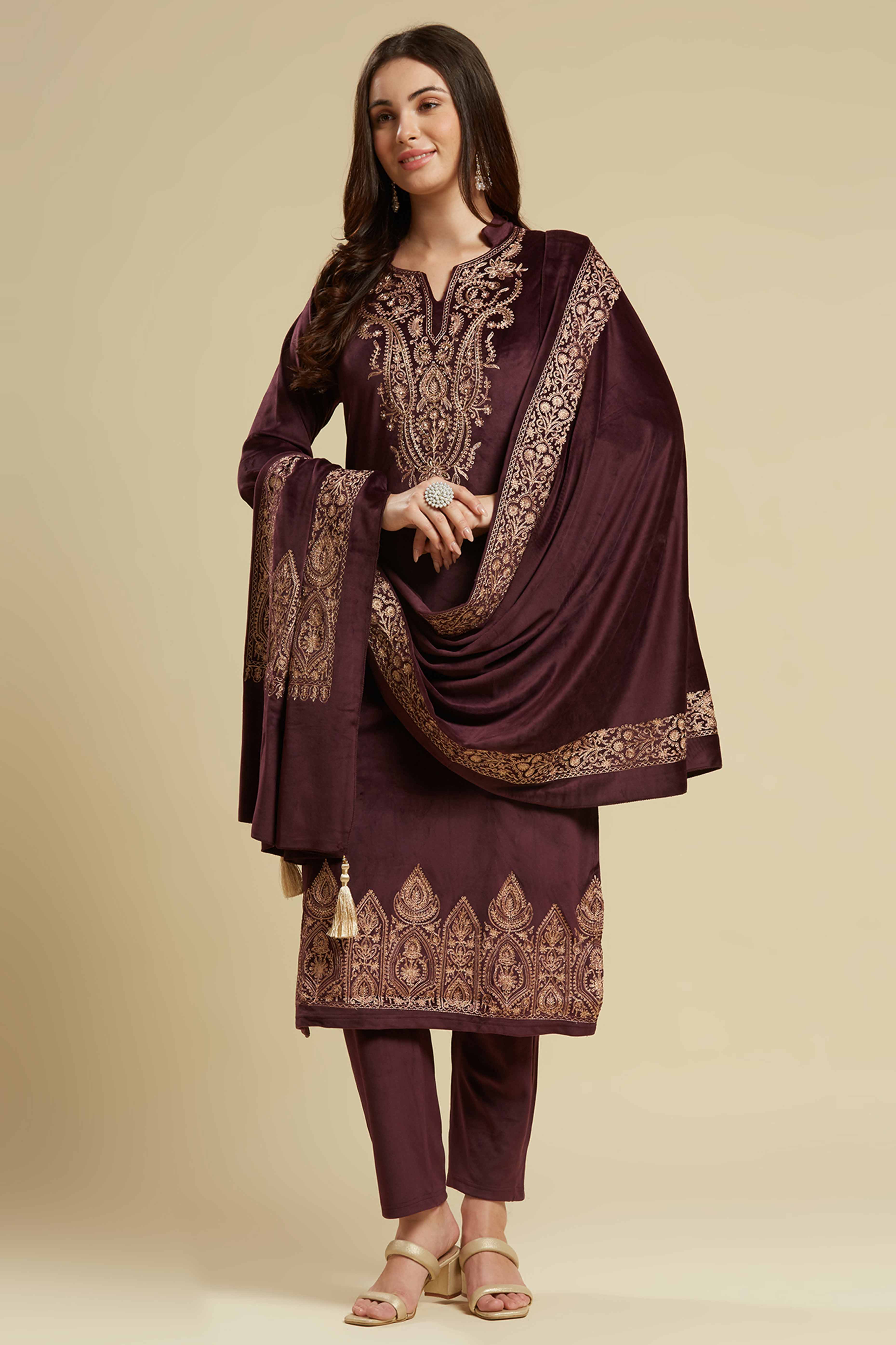 Wine Embroidered Velvet Straight Salwar Suit