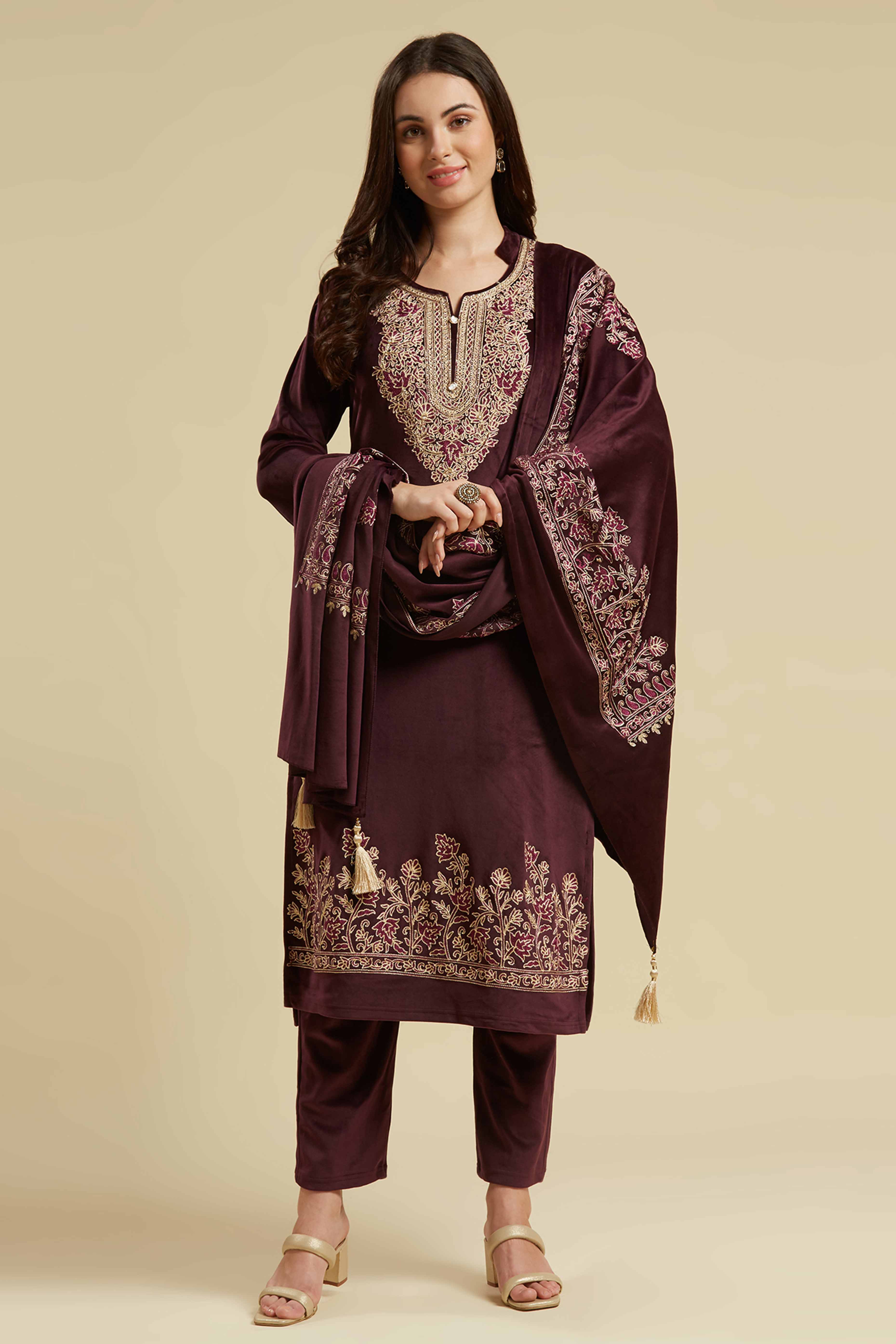 Wine Embroidered Velvet Straight Salwar Suit