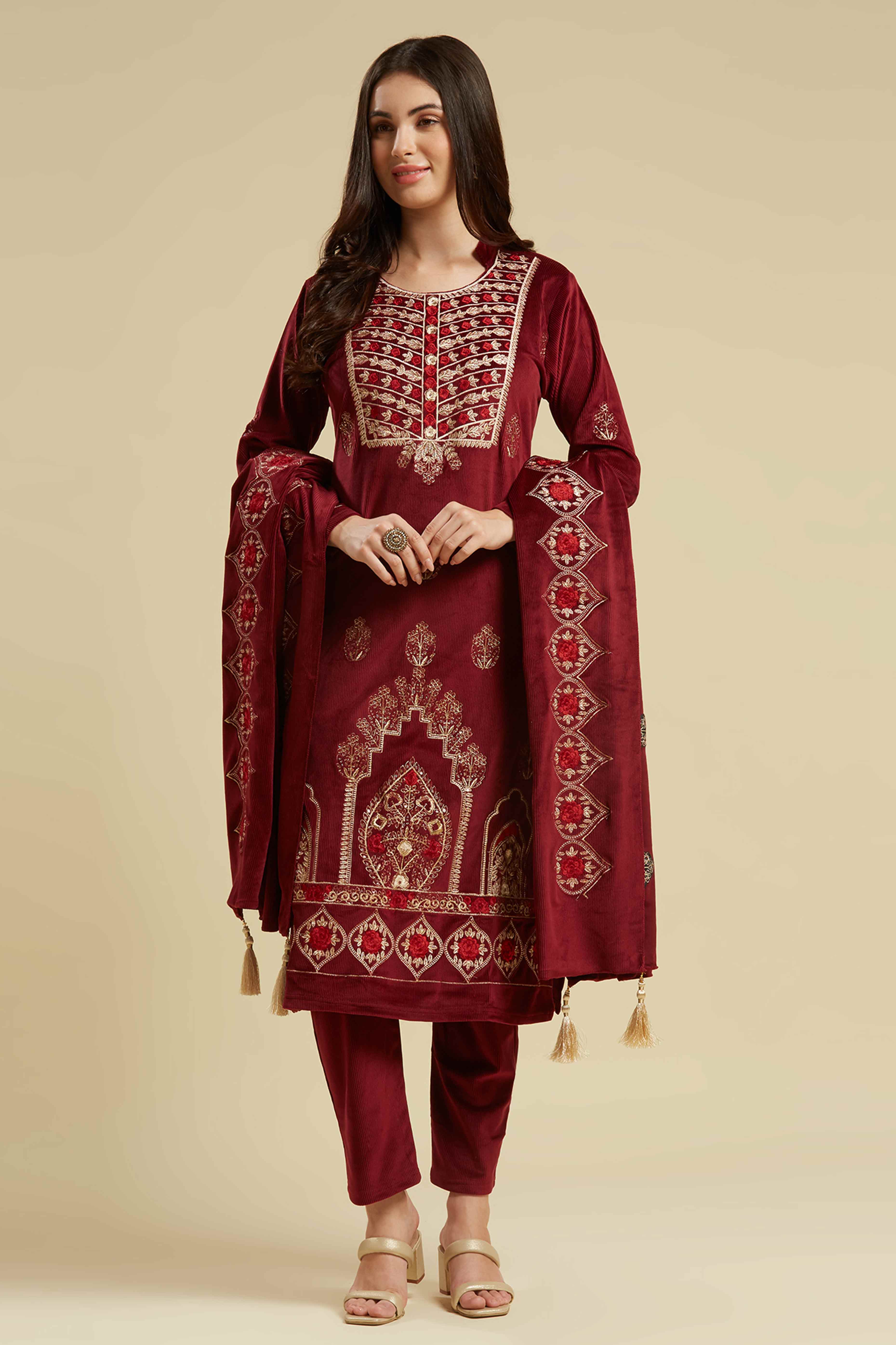 Maroon Embroidered Velvet Straight Salwar Suit