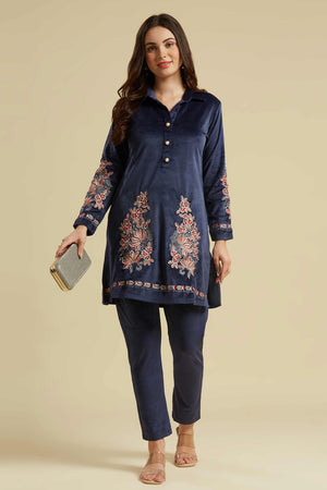 Navy Blue Embroidered Velvet Straight Top Bottom Set