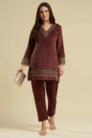 Brown Embroidered Velvet A-Line Top Bottom Set