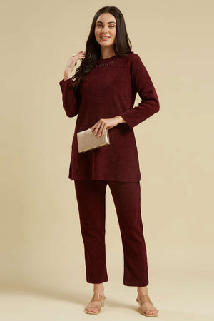 Maroon Woven Woolen A-Line Top Bottom Set