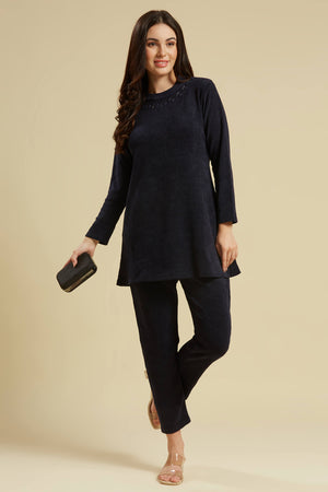 Navy Blue Woven Woolen A-Line Top Bottom Set