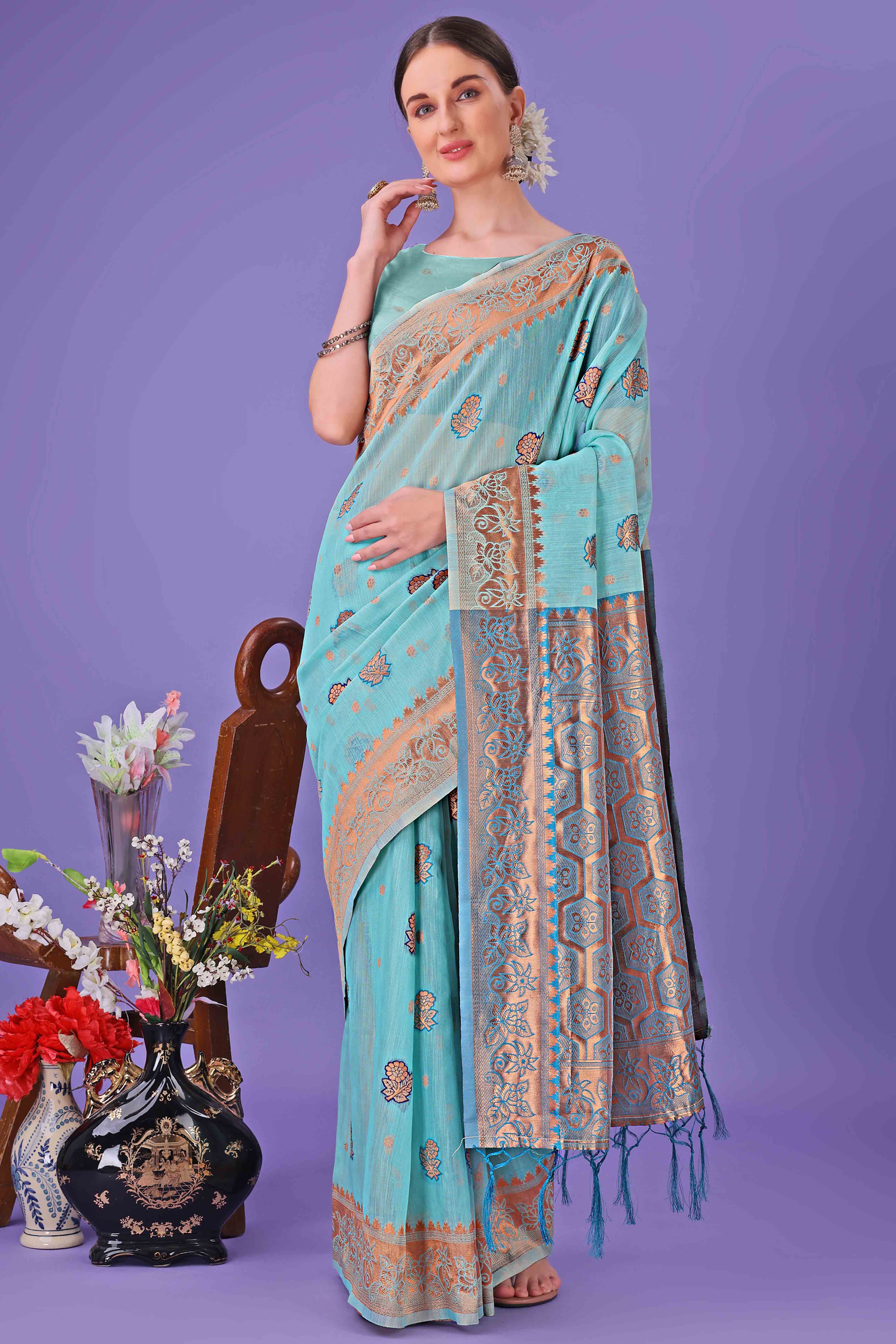 Sea Green Saree with Floral Zari Weaving on a Linen Cotton Base