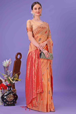 Orange with Floral Zari Weaving on a Linen Cotton Base