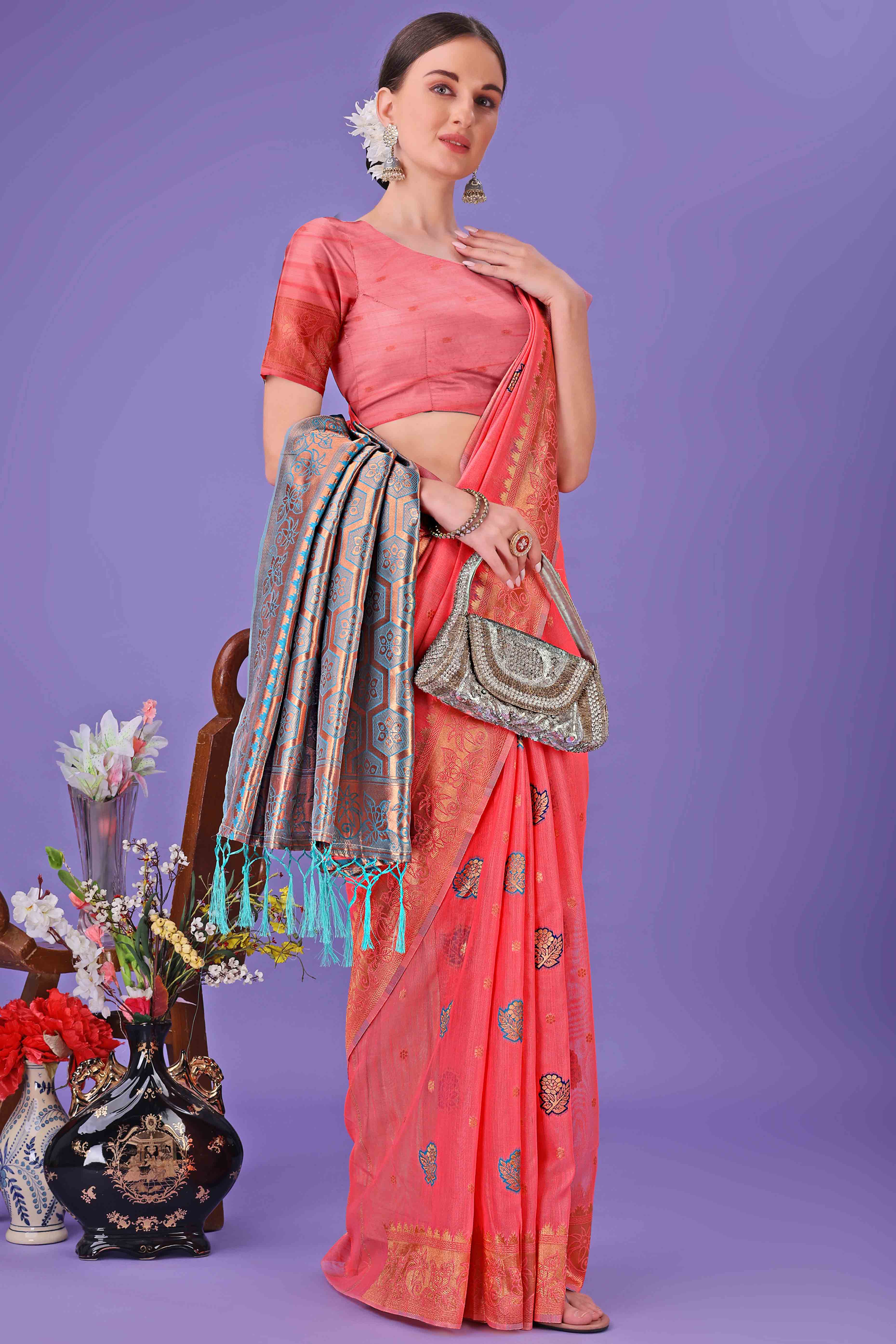 Peach Saree with Floral Zari Weaving on a Linen Cotton Base