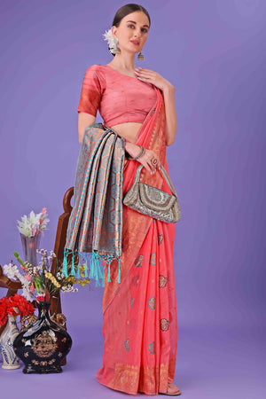 Peach Saree with Floral Zari Weaving on a Linen Cotton Base
