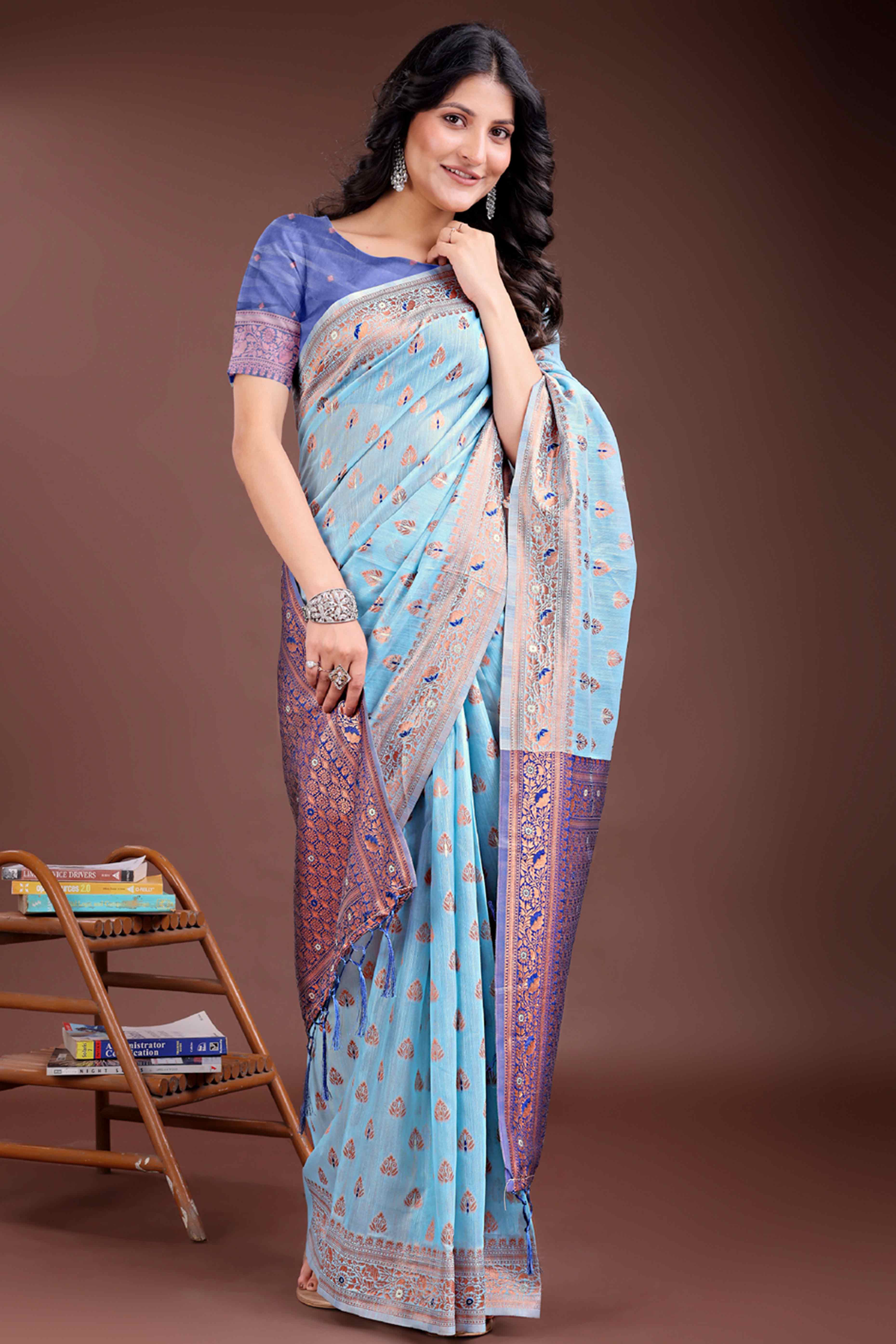 Dreamy Sky Blue Floral Zari Weaving Cotton Blend Saree with Delicate Tassel Embellishments