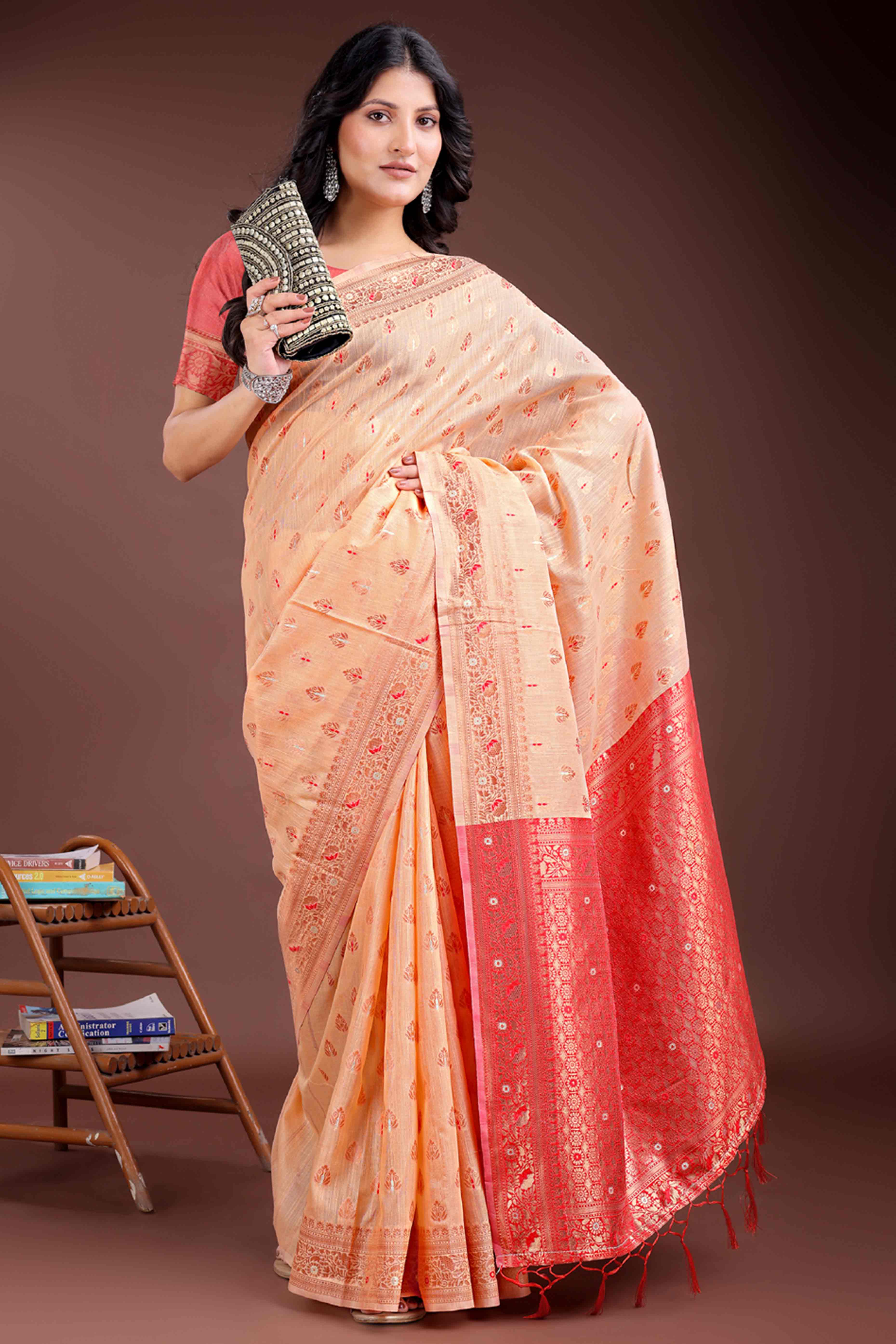 Vibrant Orange Floral Zari Weaving Cotton Blend Saree with Eye-Catching Tassels