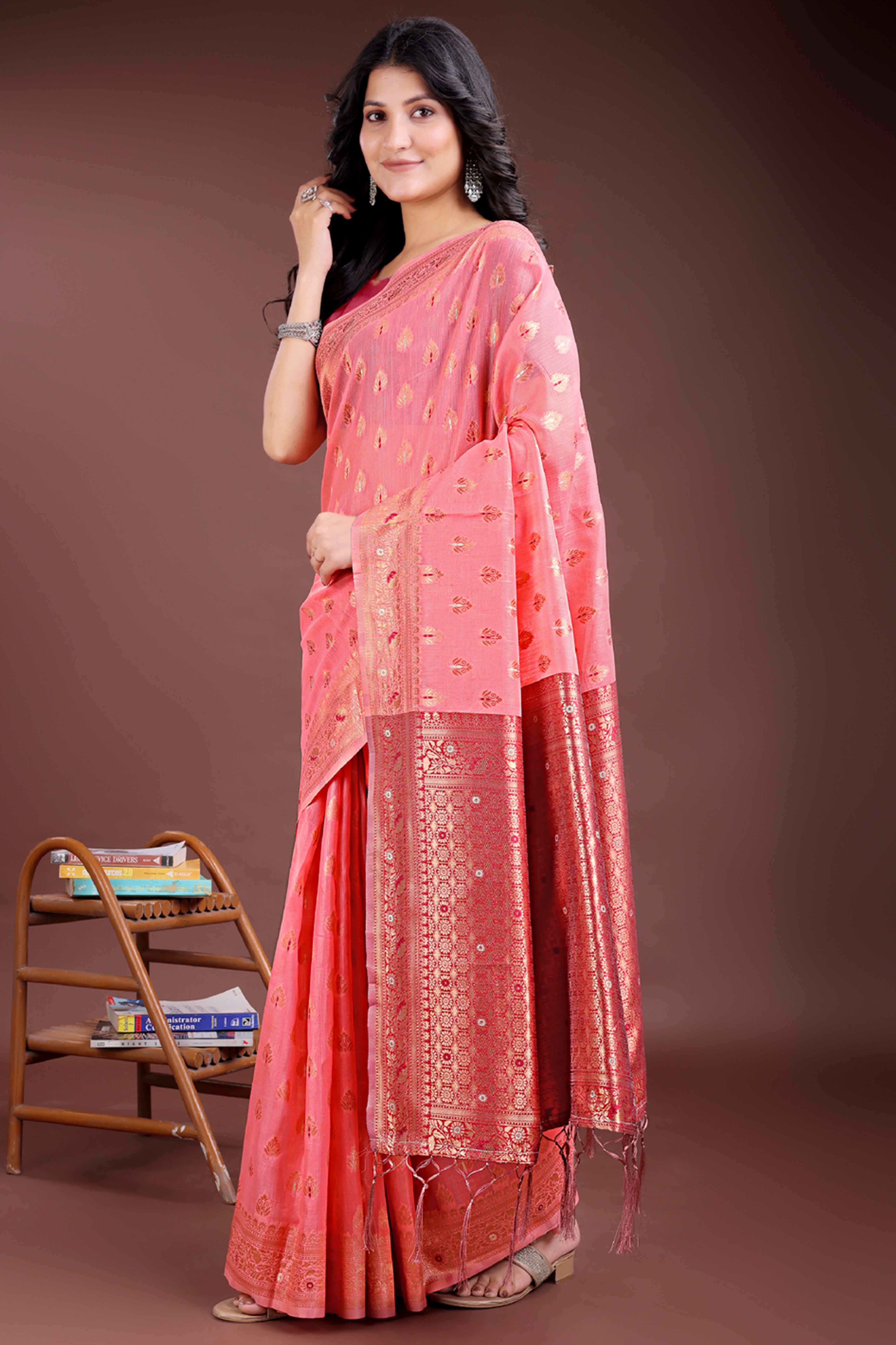 Elegant Peach Floral Zari Weaving Cotton Blend Saree with Beautiful Tassel Details