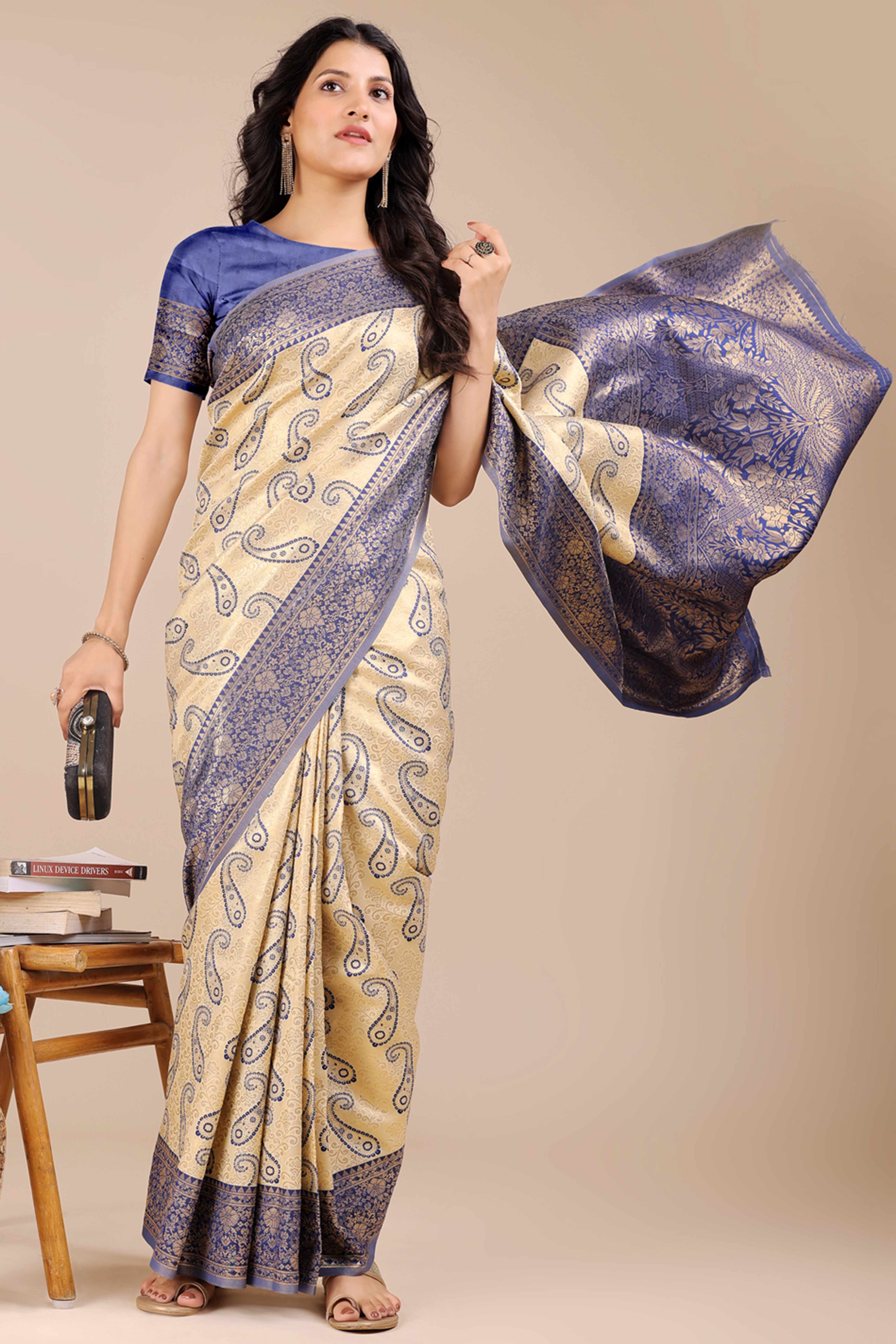 Cream Banarasi Silk Saree Featuring Navy Blue Floral Zari Weaving and a Rich Contrast Border