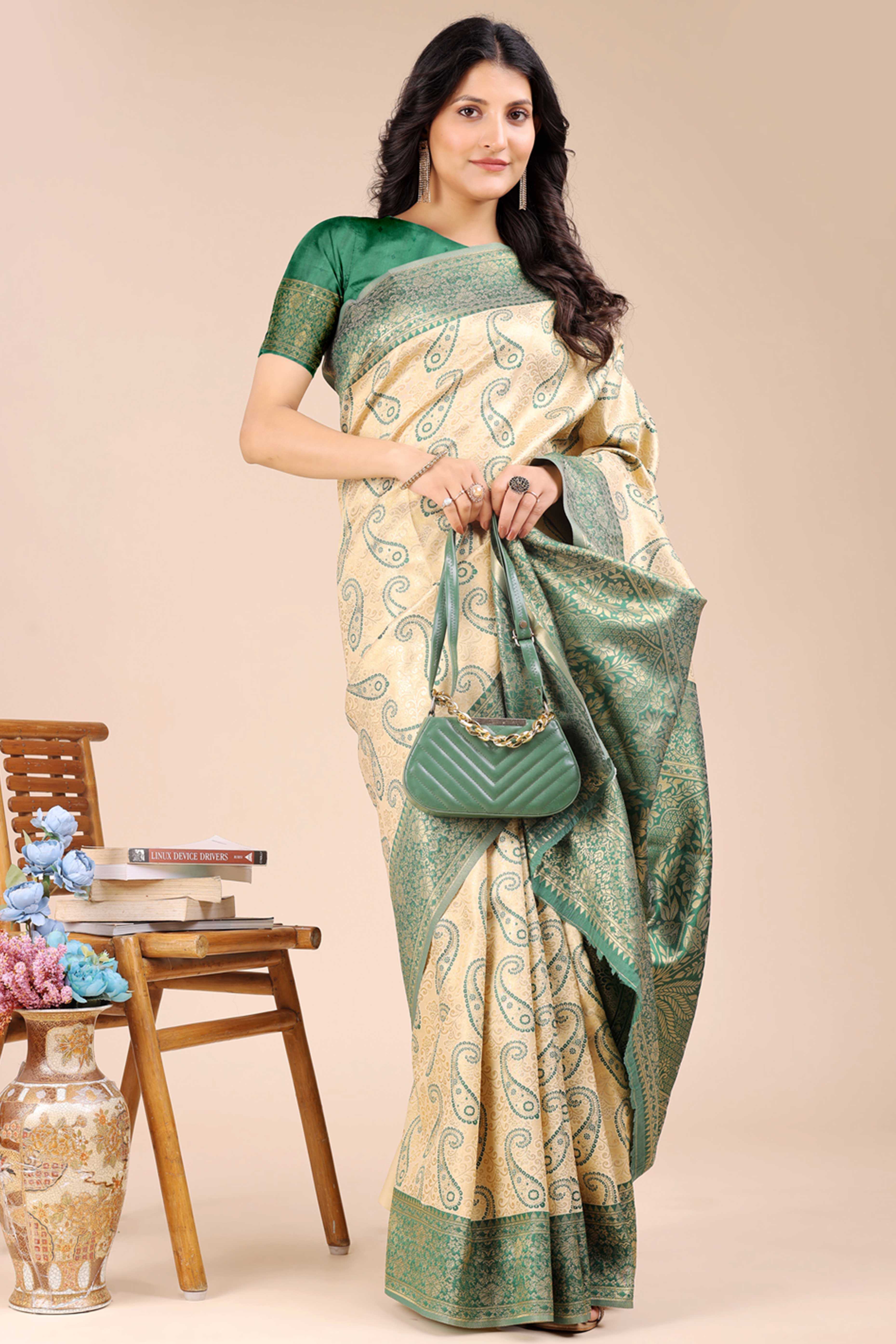 Cream Banarasi Silk Saree Featuring Green Floral Zari Weaving and a Rich Contrast Border