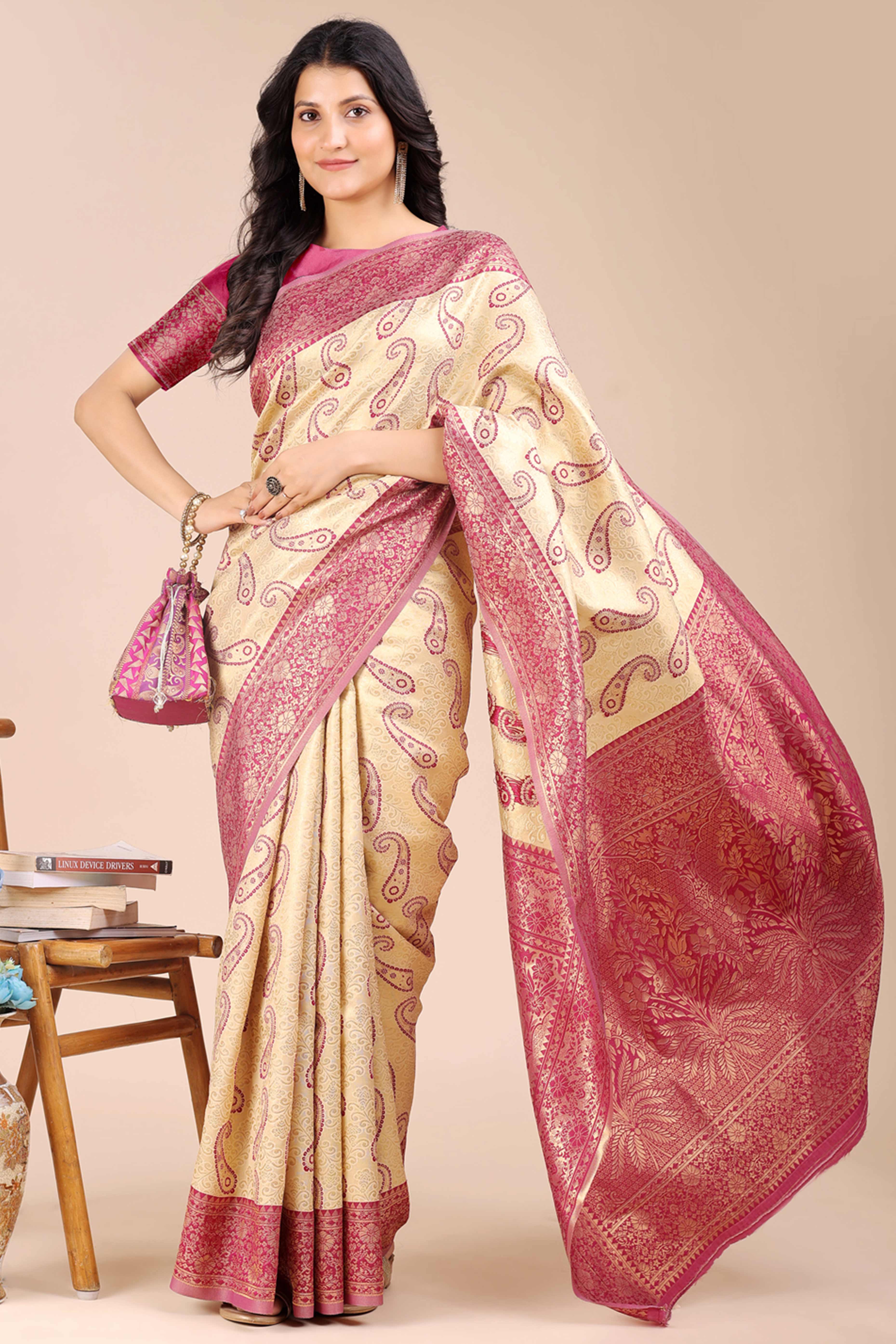 Cream Banarasi Silk Saree Featuring Magenta Floral Zari Weaving and a Rich Contrast Border