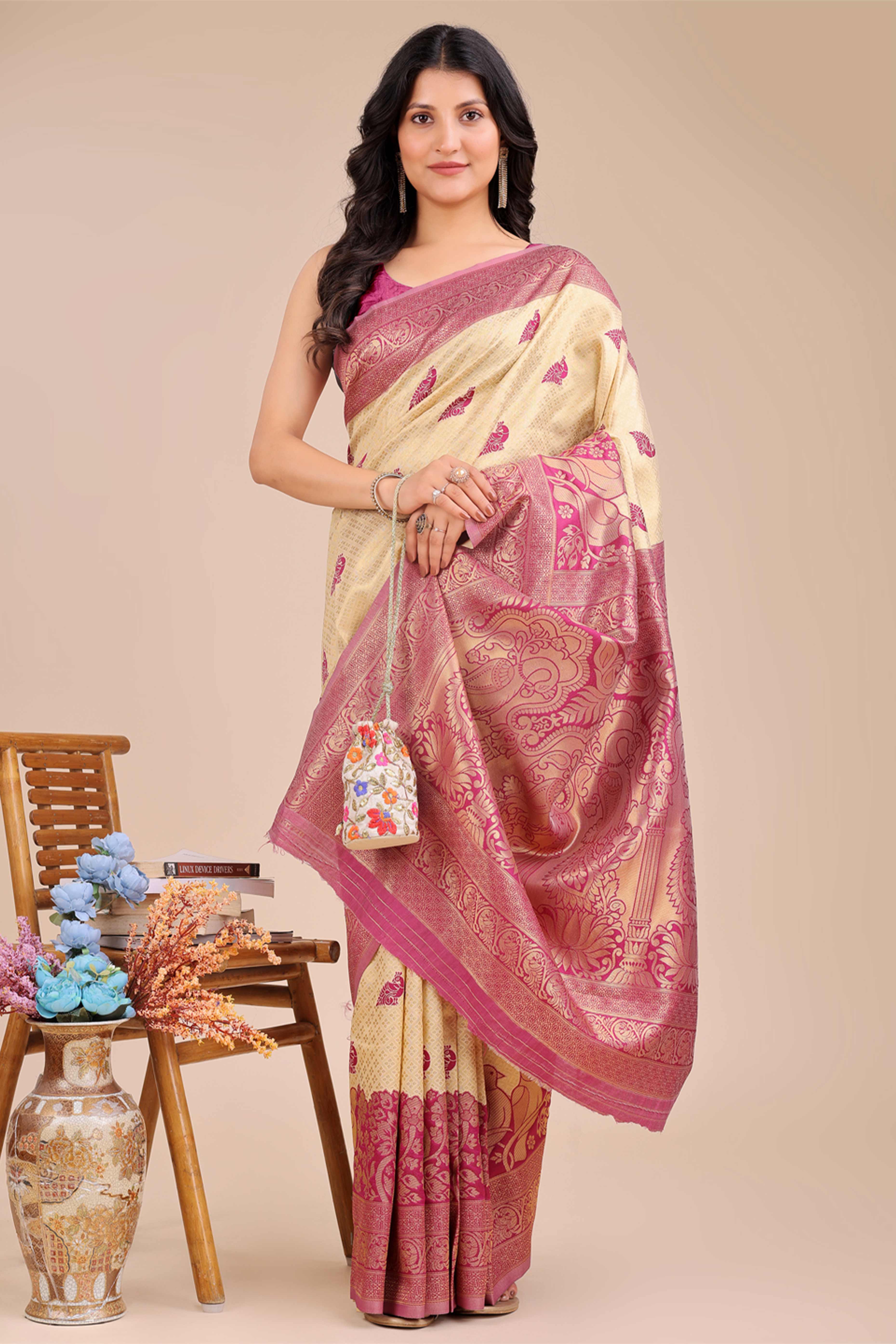 Cream & Magenta Floral Zari Weaving Banarasi Silk Saree With Intricate Peacock Pallu