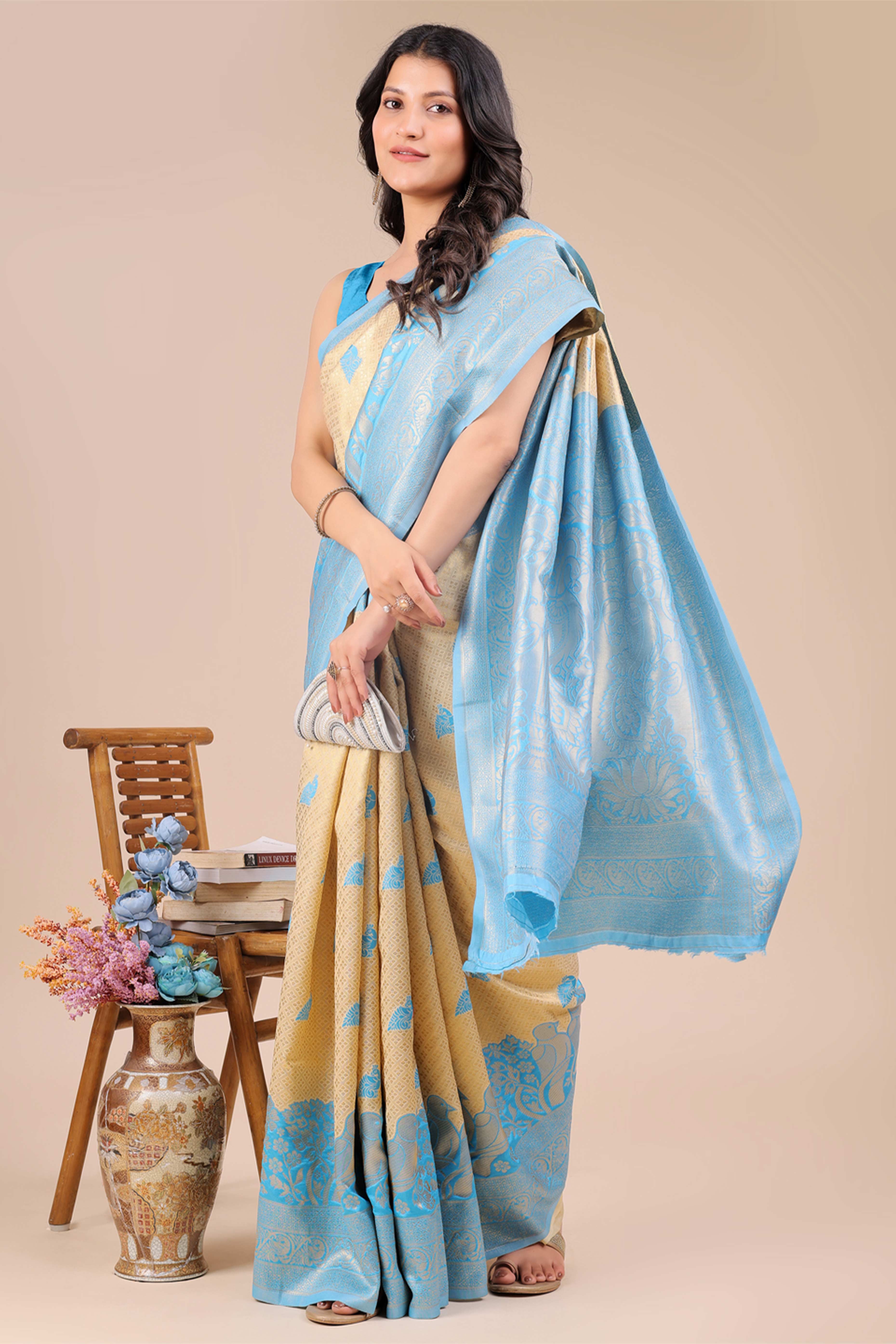 Cream & Sky Blue Floral Zari Weaving Banarasi Silk Saree With Intricate Peacock Pallu