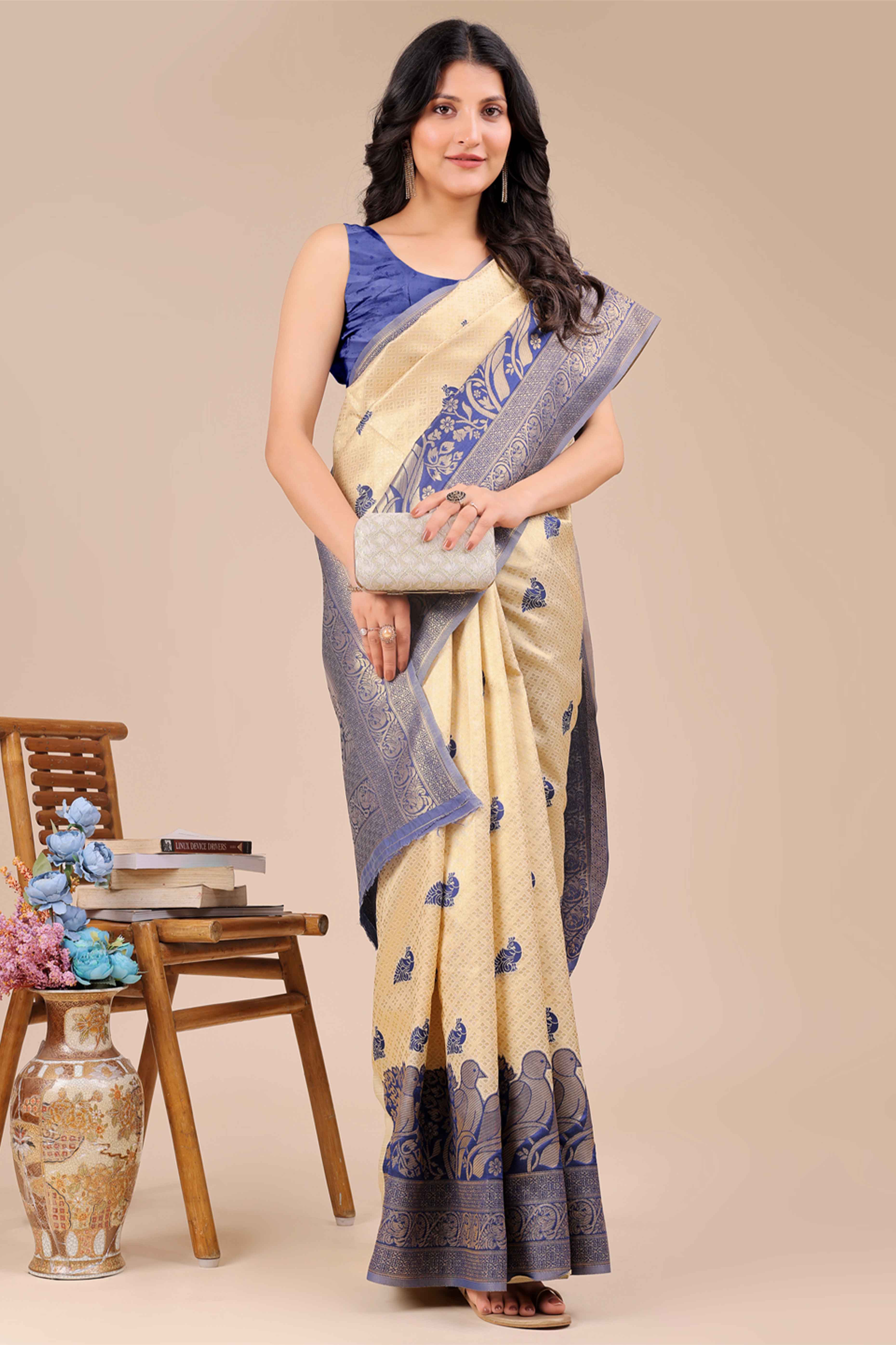 Cream & Navy Blue Floral Zari Weaving Banarasi Silk Saree With Intricate Peacock Pallu