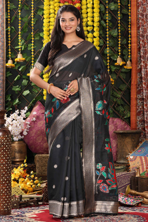 Black Linen Cotton Saree Showcasing Floral & Peacock Zari Woven Design