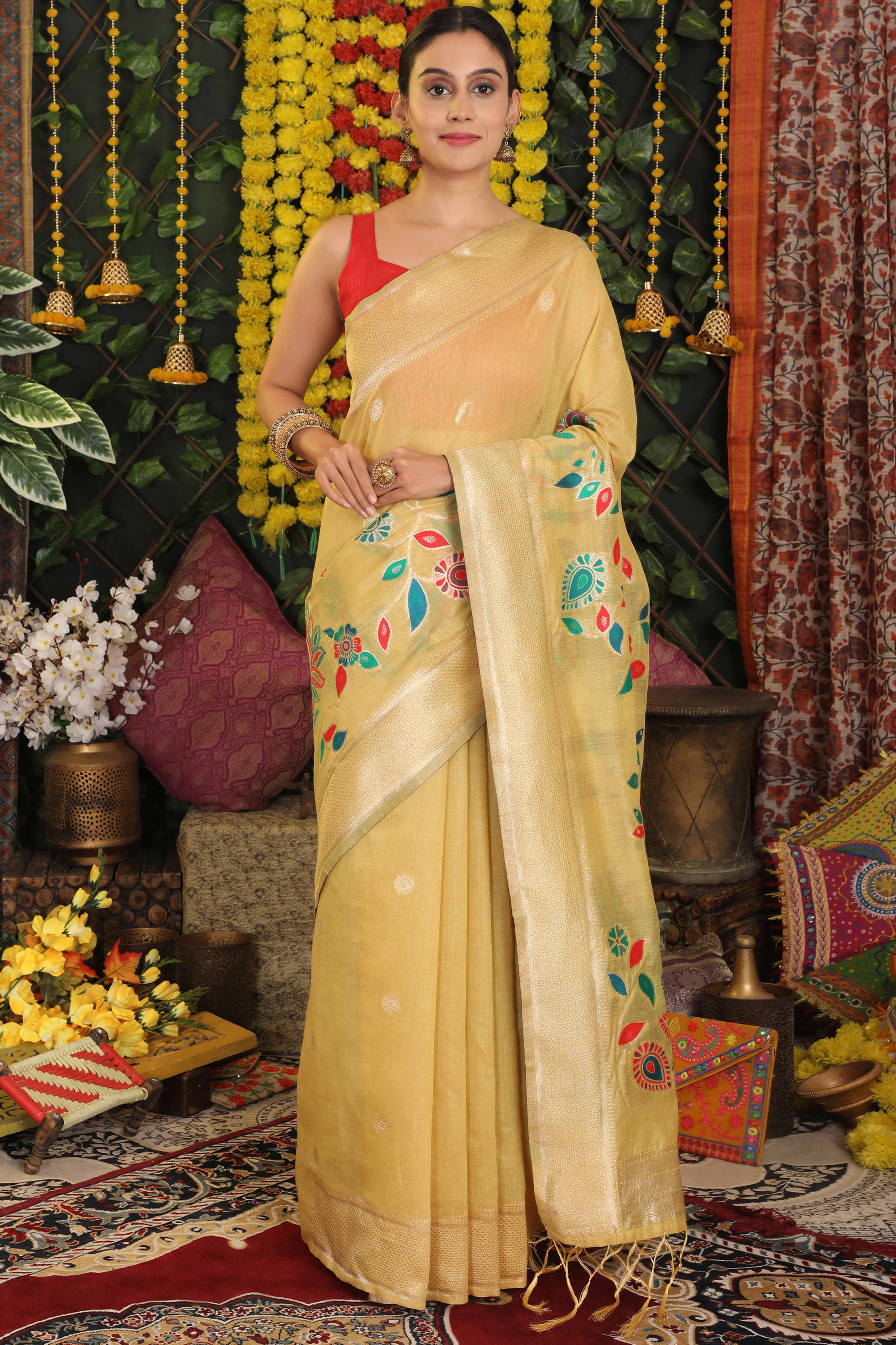 Light Yellow Linen Cotton Saree Showcasing Floral & Peacock Zari Woven Design