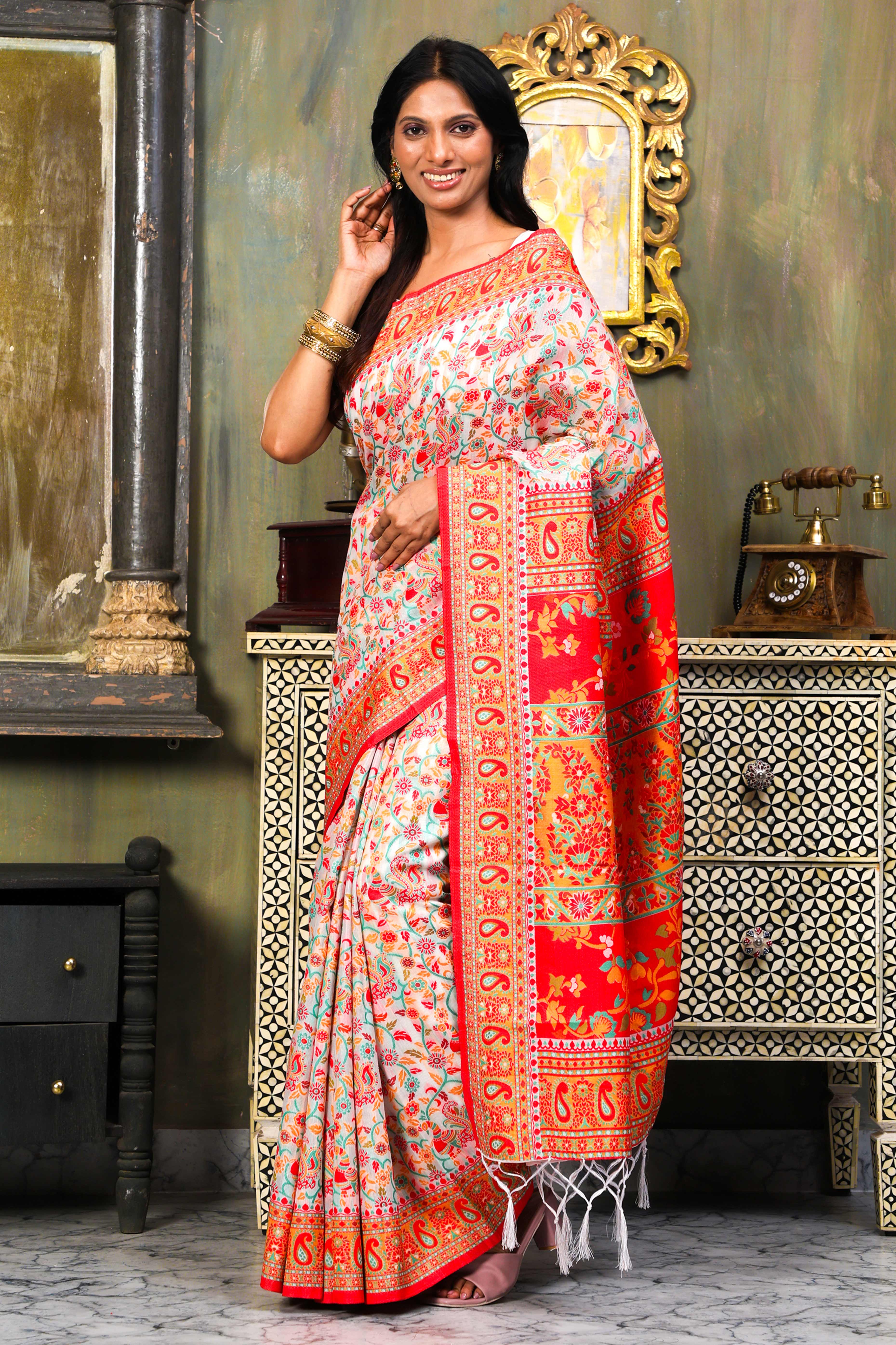 White With Multicolor Linen Cotton Silk  Saree Enhanced Floral Zari Weaving & Tasselled Pallu