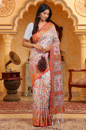 White With Multicolor Linen Cotton Silk  Saree Enhanced Floral Zari Weaving & Tasselled Pallu