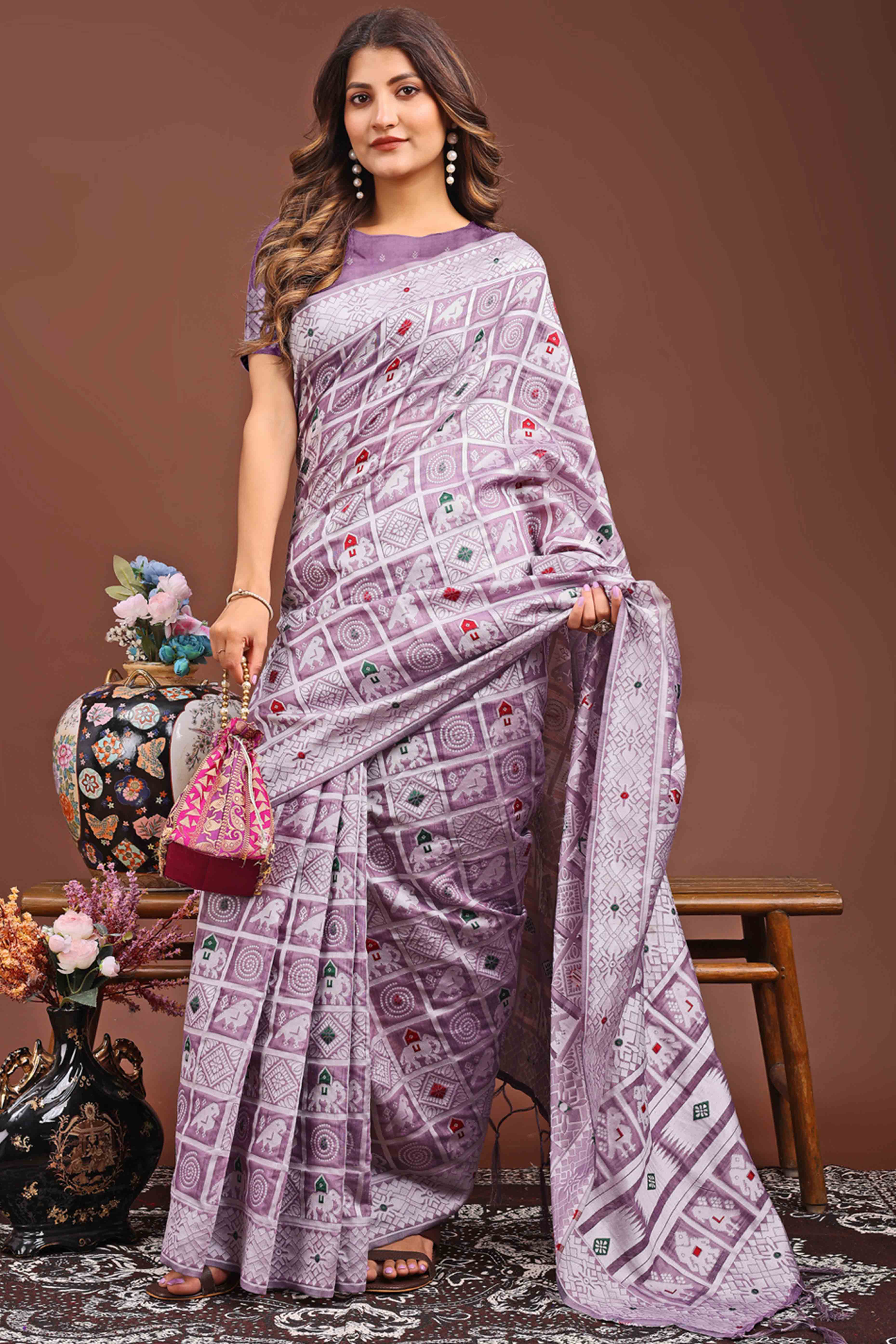 Lilac Purple Linen Cotton Saree Adorned With Zari Weaving & Tassel pallu