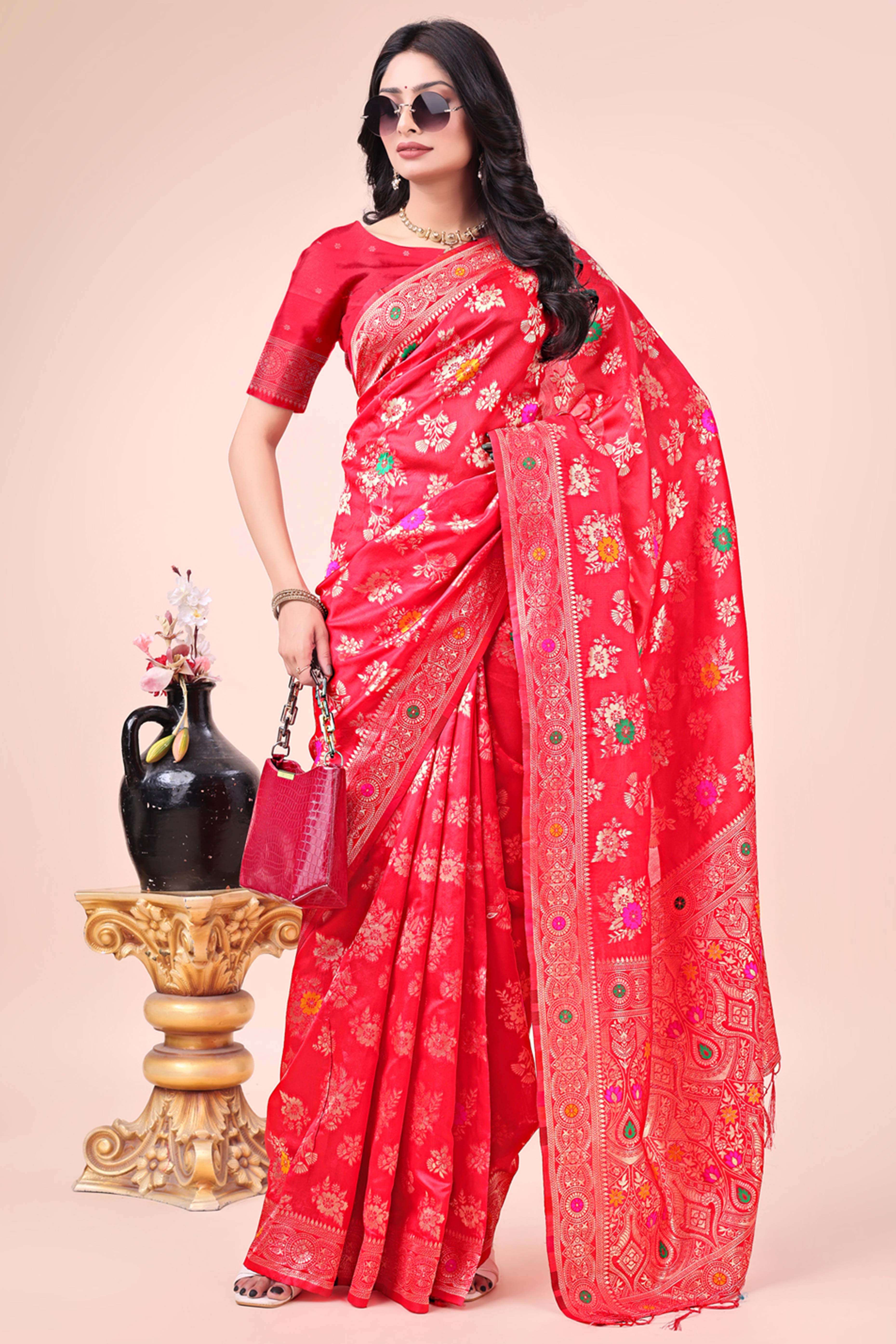 Red Banarasi Silk Saree With Intricate Floral Weave & Elegant Tassel Accents