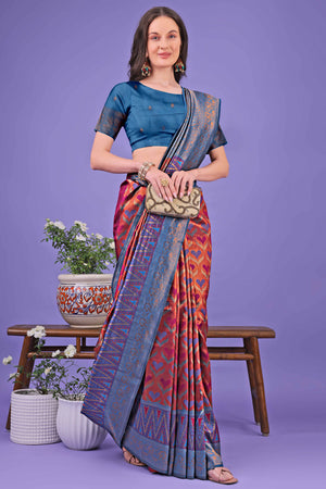 Rust Heart Motif Zari Woven Lichi Cotton Silk Saree With Flowing Tassels