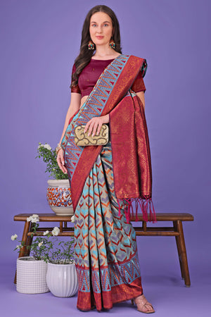 Grey Heart Motif Zari Woven Lichi Cotton Silk Saree With Flowing Tassels