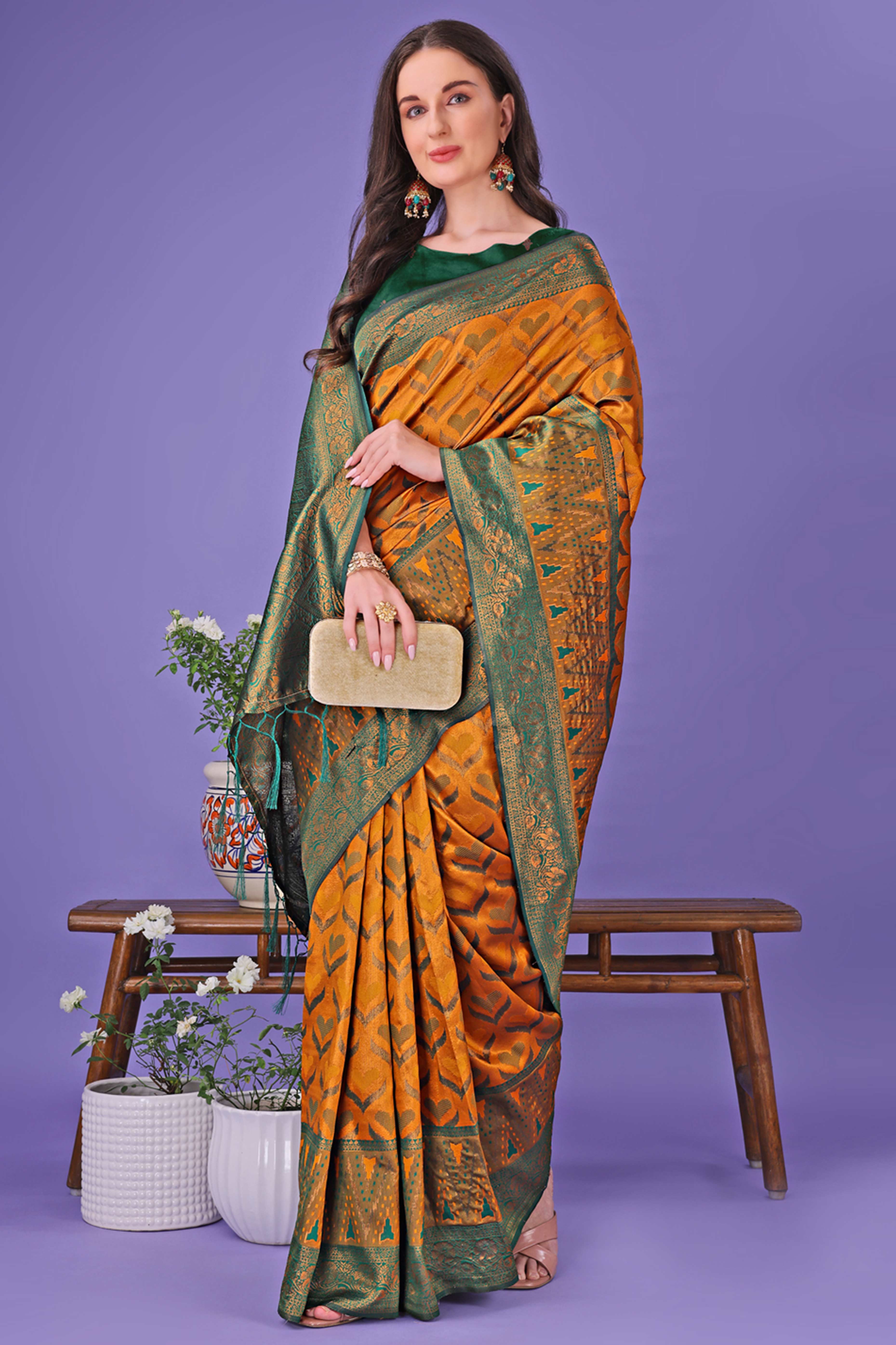 Mustard Heart Motif Zari Woven Lichi Cotton Silk Saree With Flowing Tassels