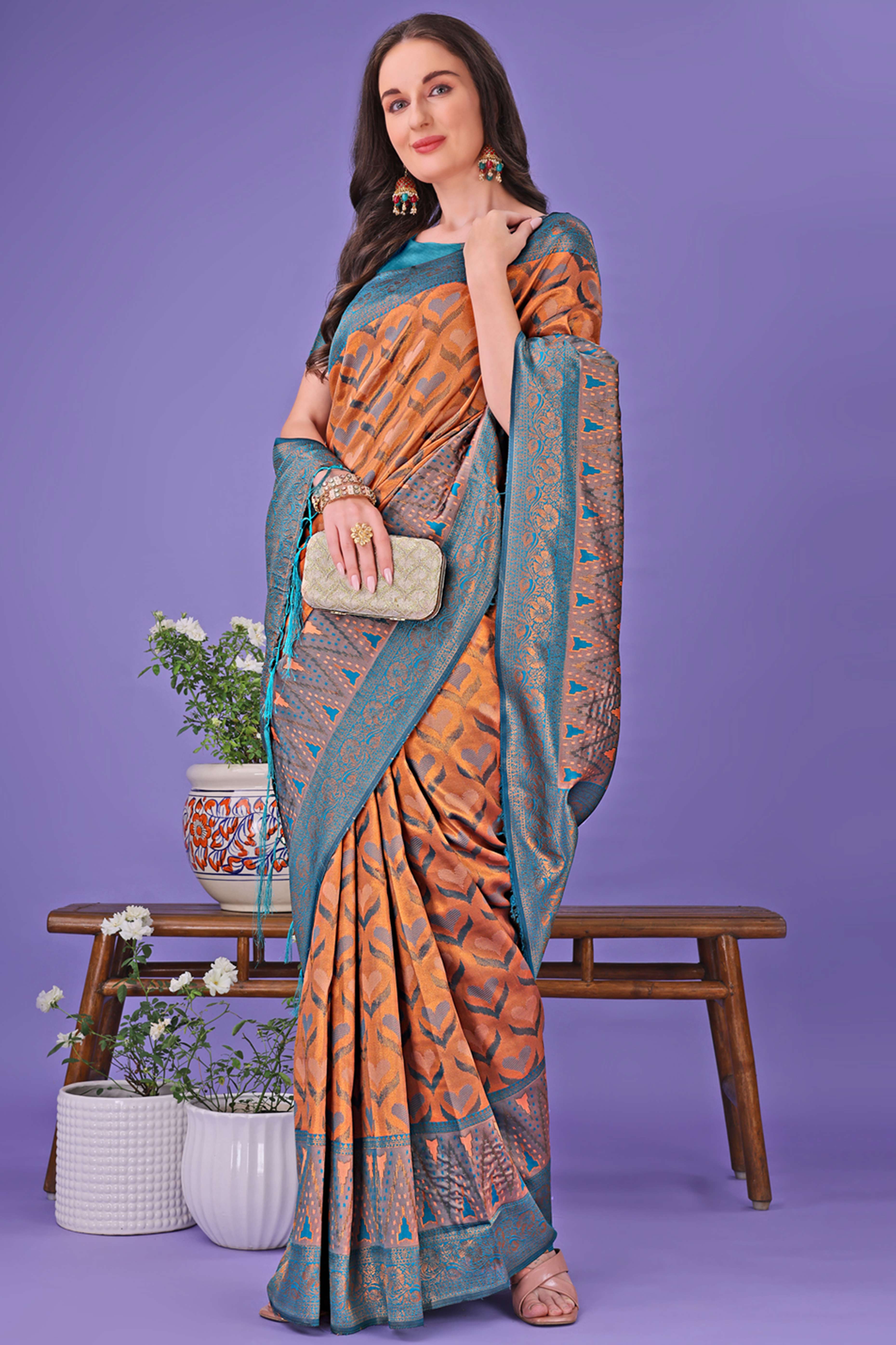 Peach Heart Motif Zari Woven Lichi Cotton Silk Saree With Flowing Tassels