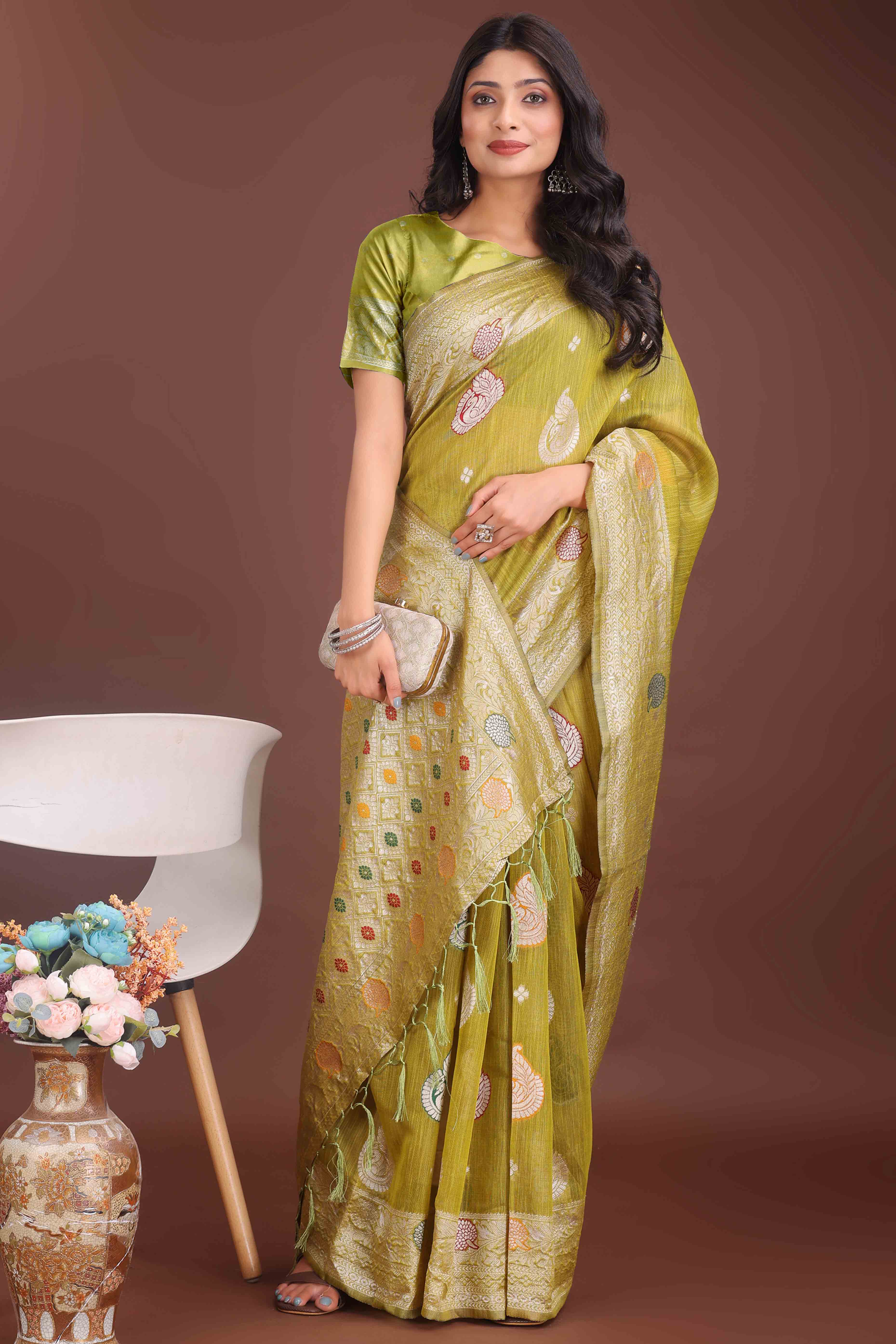 Green Lichi Cotton Blend Saree With Zari Floral Weaving & Tassel Detailing