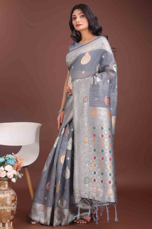 Grey Lichi Cotton Blend Saree With Zari Floral Weaving & Tassel Detailing