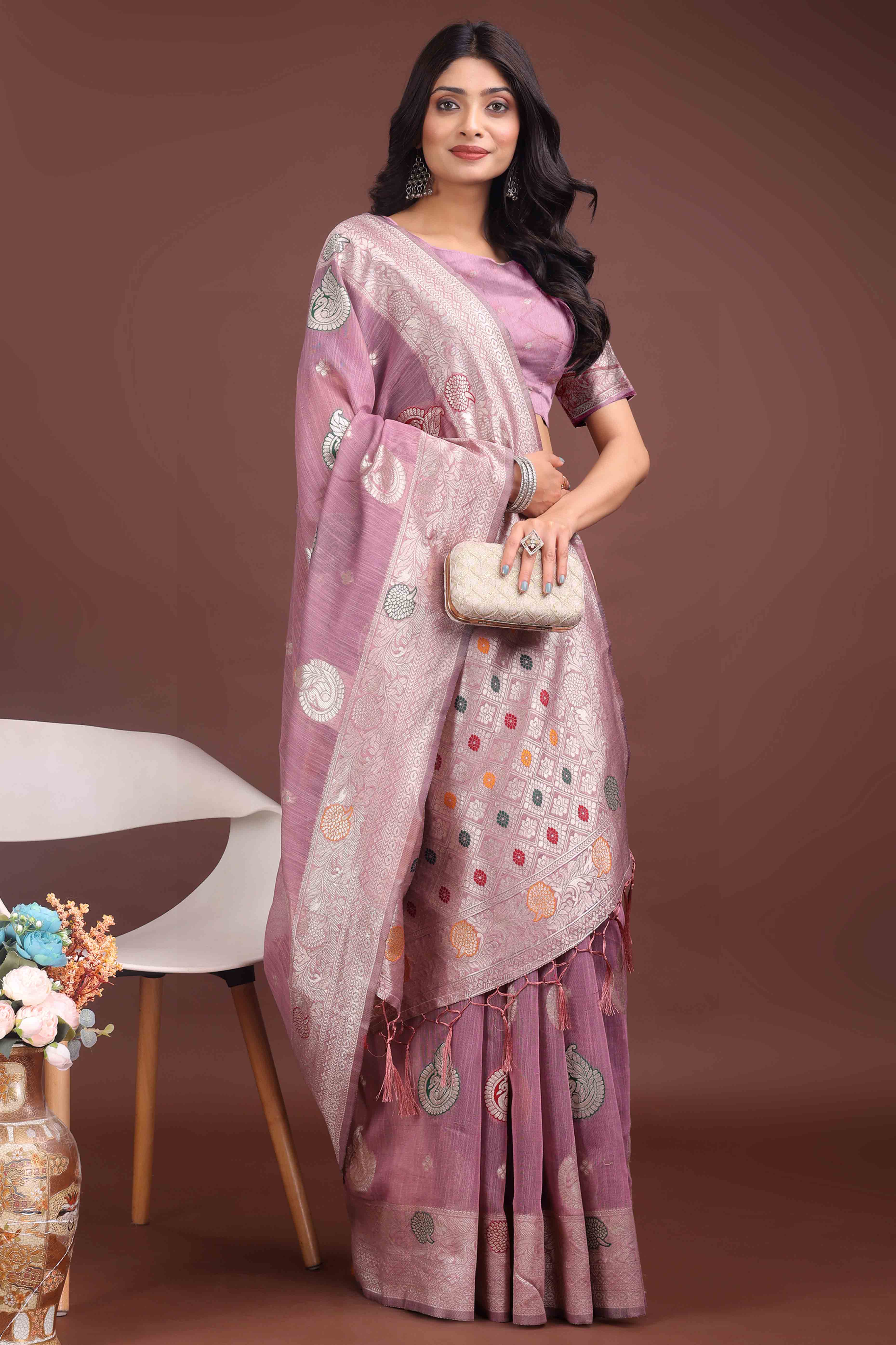 Purple Lichi Cotton Blend Saree With Zari Floral Weaving & Tassel Detailing