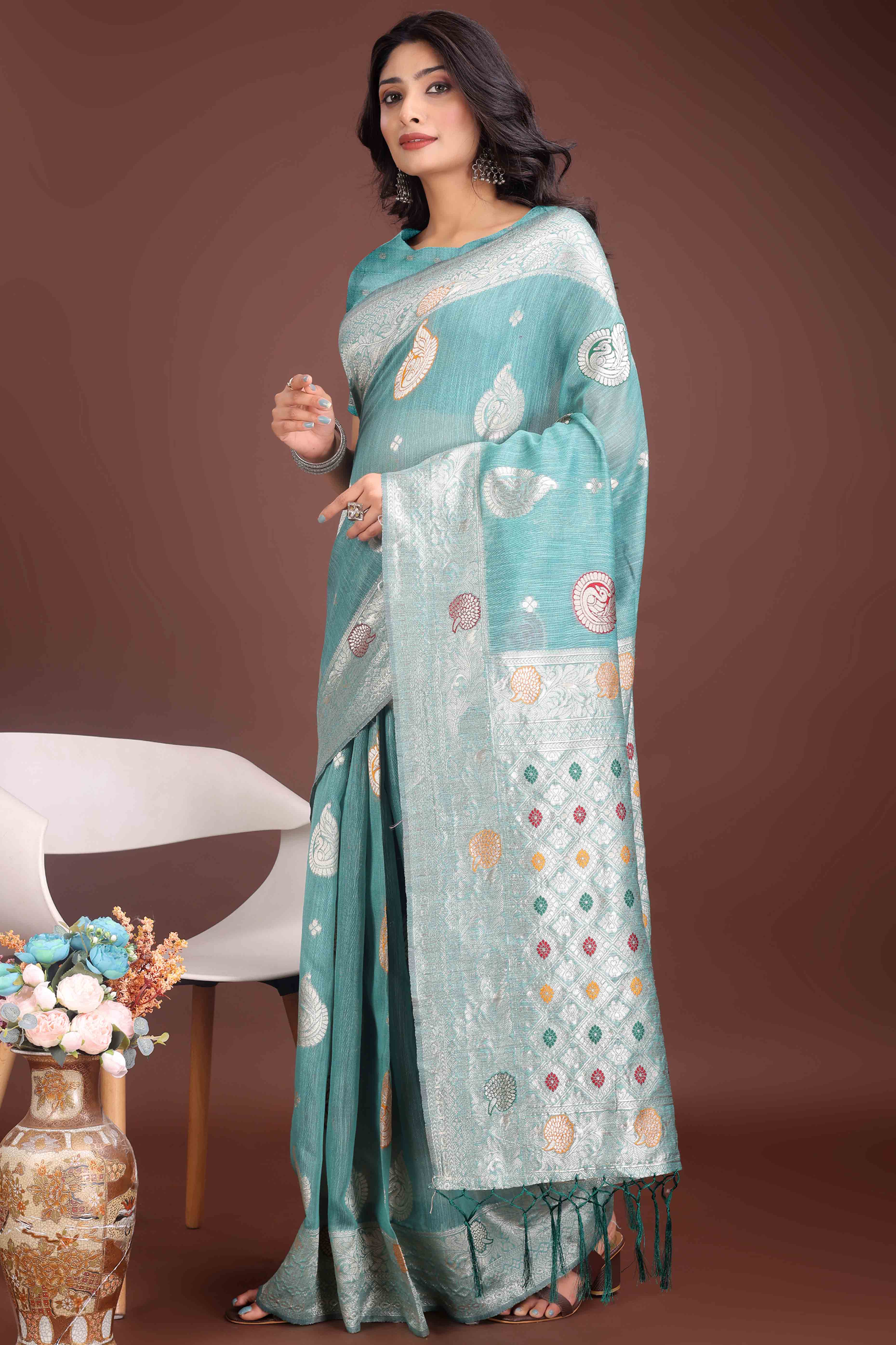 Blue Lichi Cotton Blend Saree With Zari Floral Weaving & Tassel Detailing